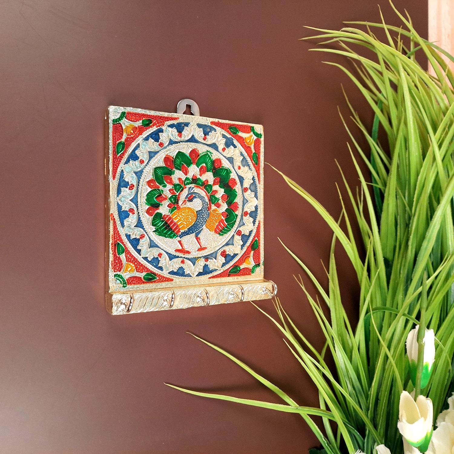 Key Holder Stands | Keys Hook Hangers - Minakari Peacock Design | Keys Organizer - For Home, Entrance, Office Decor & Gifts - 6 Inch (5 Hooks) - Apkamart #style_Pack of 2