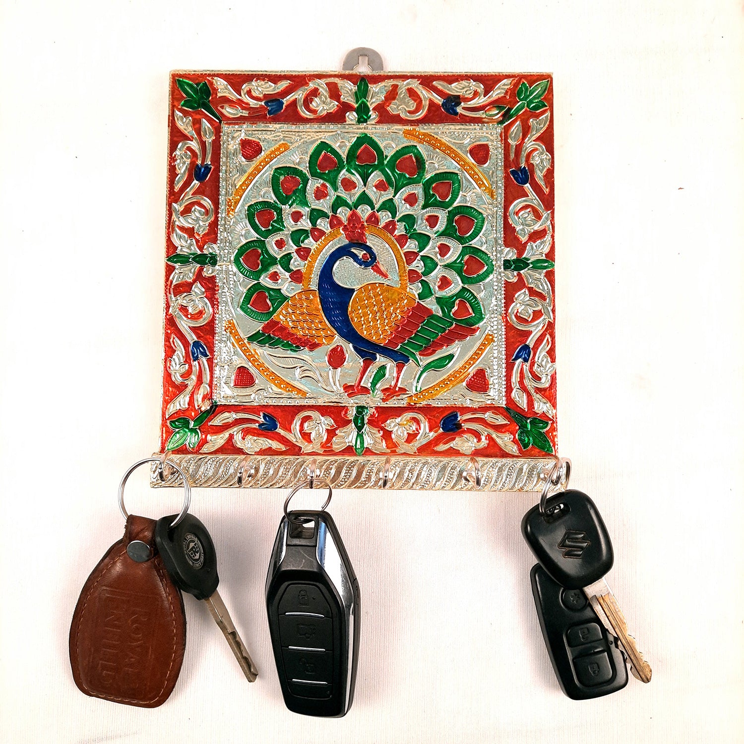 Key Holder Stands | Keys Hook Hangers - Minakari Peacock Design | Keys Organizer - For Home, Entrance, Office Decor & Gifts - 8 Inch (6 Hooks) - Apkamart #Style_Pack of 2