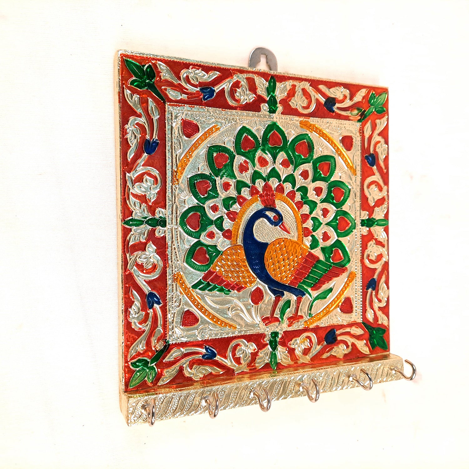 Key Holder Stands | Keys Hook Hangers - Minakari Peacock Design | Keys Organizer - For Home, Entrance, Office Decor & Gifts - 8 Inch (6 Hooks) - Apkamart #Style_Pack of 2