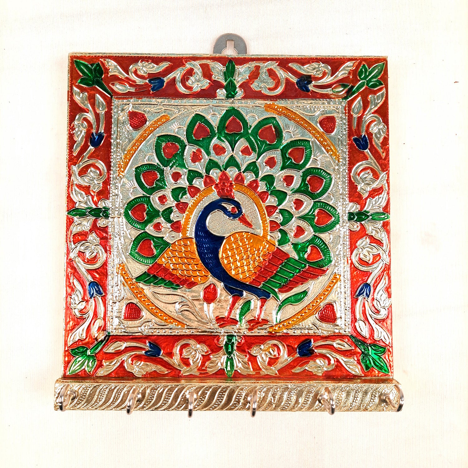 Key Holder Stands | Keys Hook Hangers - Minakari Peacock Design | Keys Organizer - For Home, Entrance, Office Decor & Gifts - 8 Inch (6 Hooks) - Apkamart #Style_Pack of 1