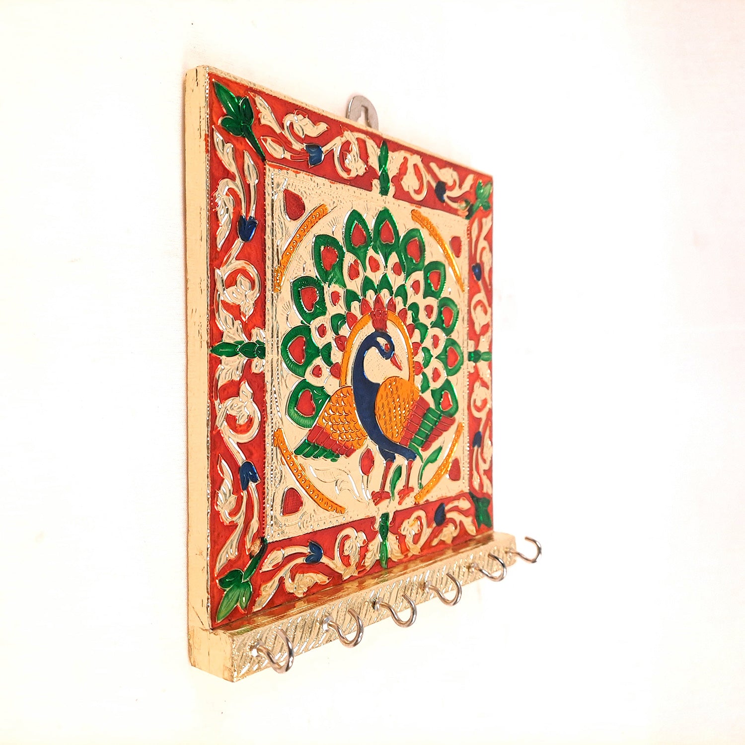 Key Holder Stands | Keys Hook Hangers - Minakari Peacock Design | Keys Organizer - For Home, Entrance, Office Decor & Gifts - 8 Inch (6 Hooks) - Apkamart #Style_Pack of 2