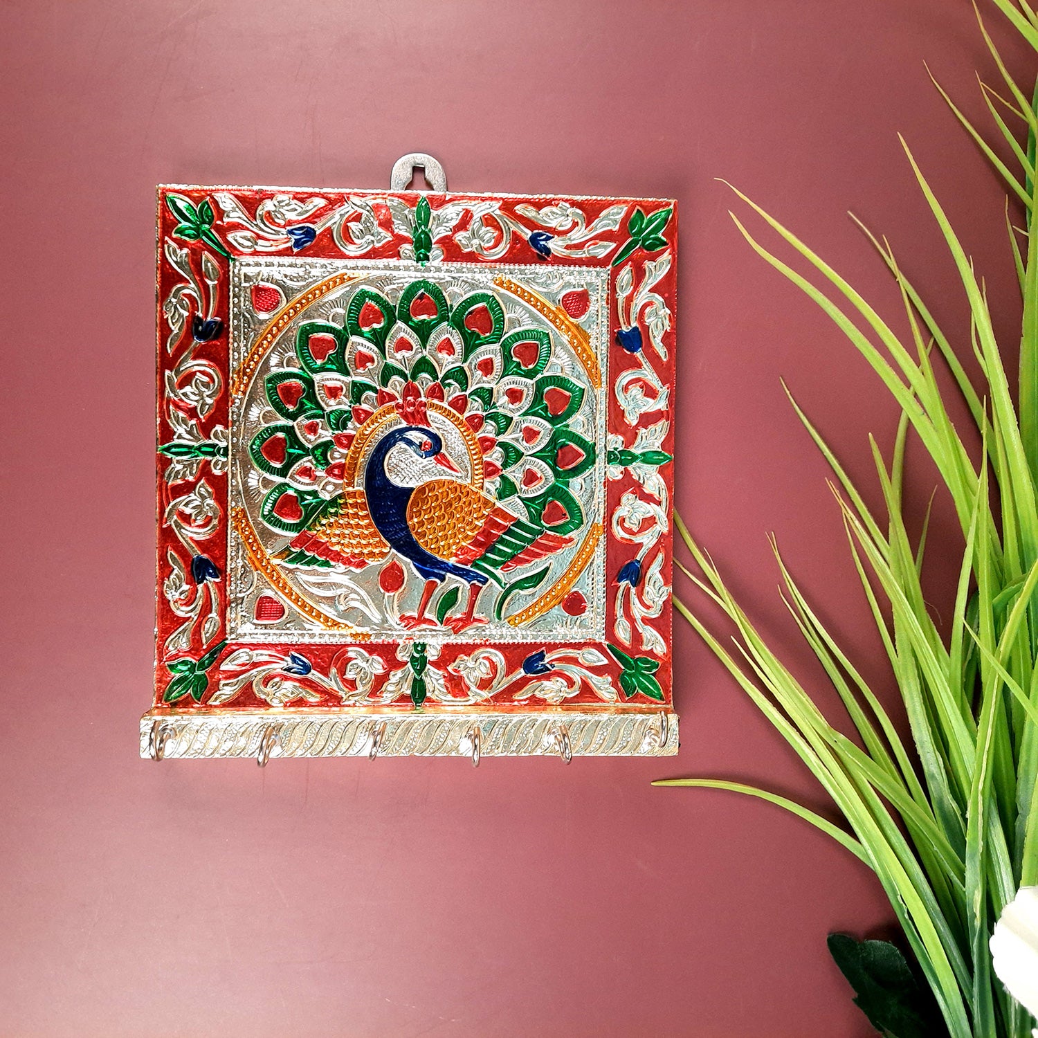 Key Holder Stands | Keys Hook Hangers - Minakari Peacock Design | Keys Organizer - For Home, Entrance, Office Decor & Gifts - 8 Inch (6 Hooks) - Apkamart #Style_Pack of 4