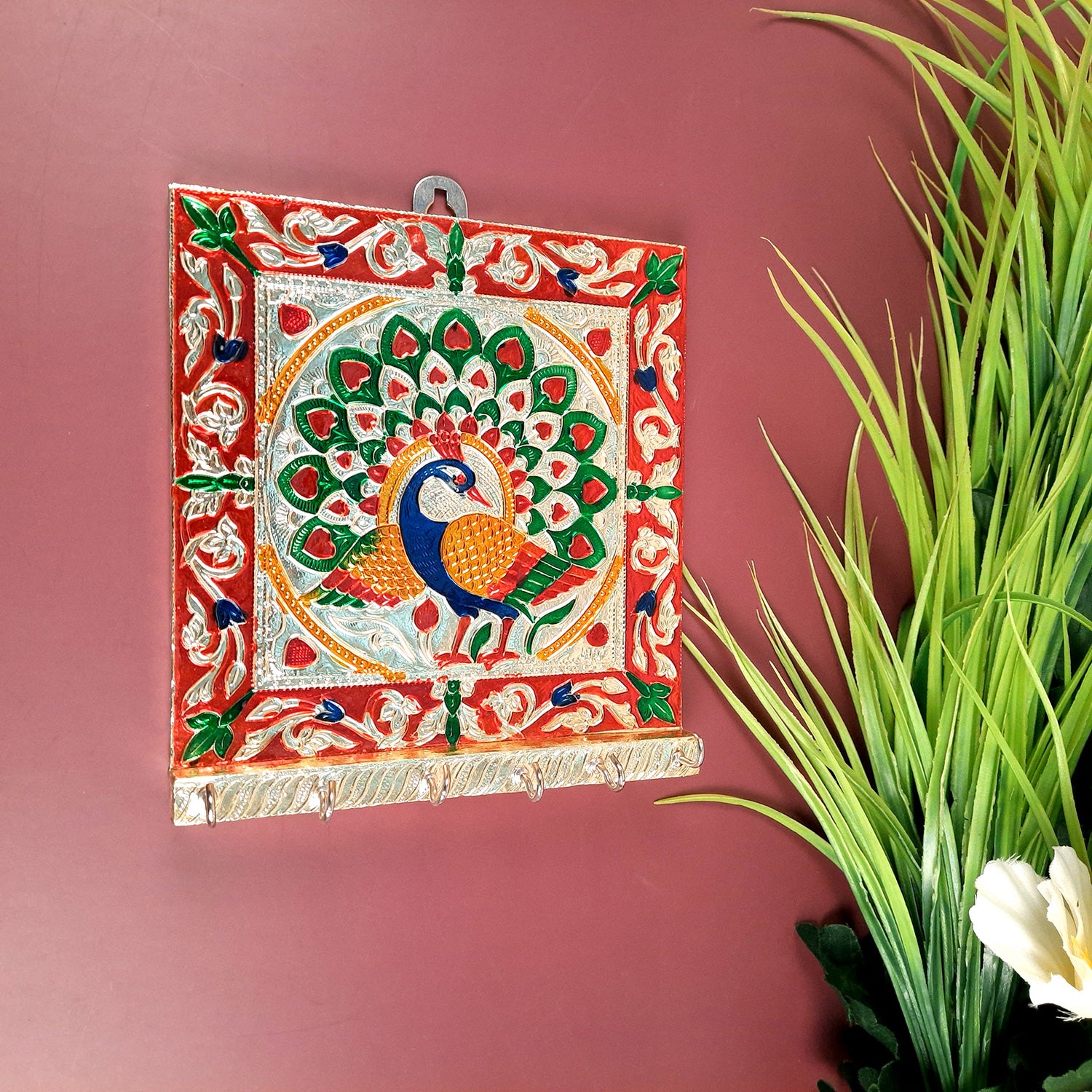 Key Holder Stands | Keys Hook Hangers - Minakari Peacock Design | Keys Organizer - For Home, Entrance, Office Decor & Gifts - 8 Inch (6 Hooks) - Apkamart #Style_Pack of 2