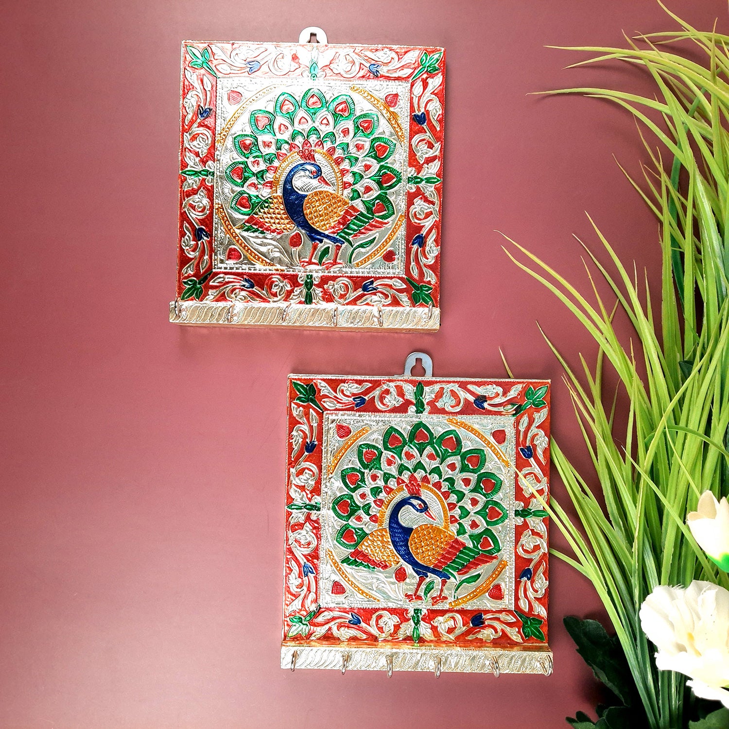 Key Holder Stands | Keys Hook Hangers - Minakari Peacock Design | Keys Organizer - For Home, Entrance, Office Decor & Gifts - 8 Inch (6 Hooks) - Apkamart #Style_Pack of 2