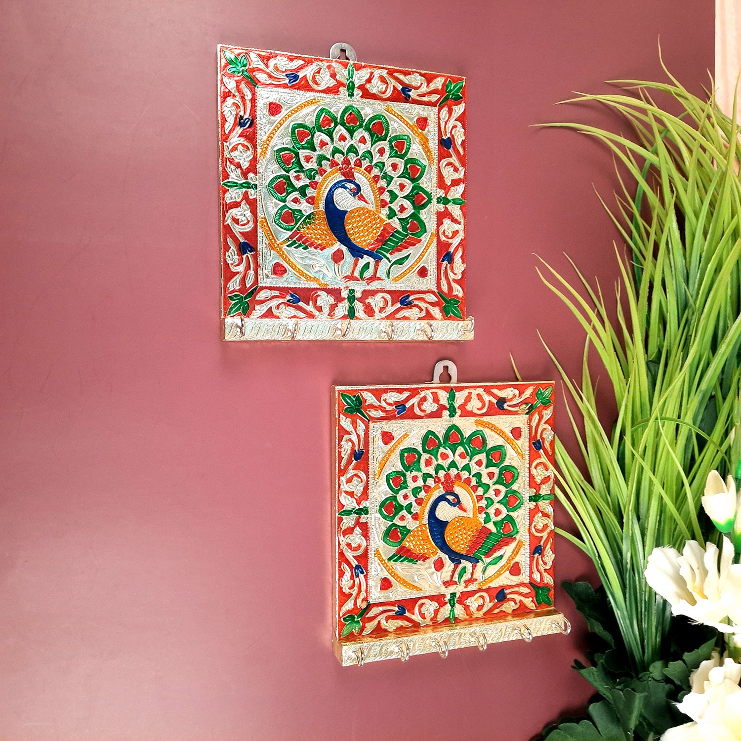 Key Holder Stands | Keys Hook Hangers - Minakari Peacock Design | Keys Organizer - For Home, Entrance, Office Decor & Gifts - 8 Inch (6 Hooks) - Apkamart #Style_Pack of 2