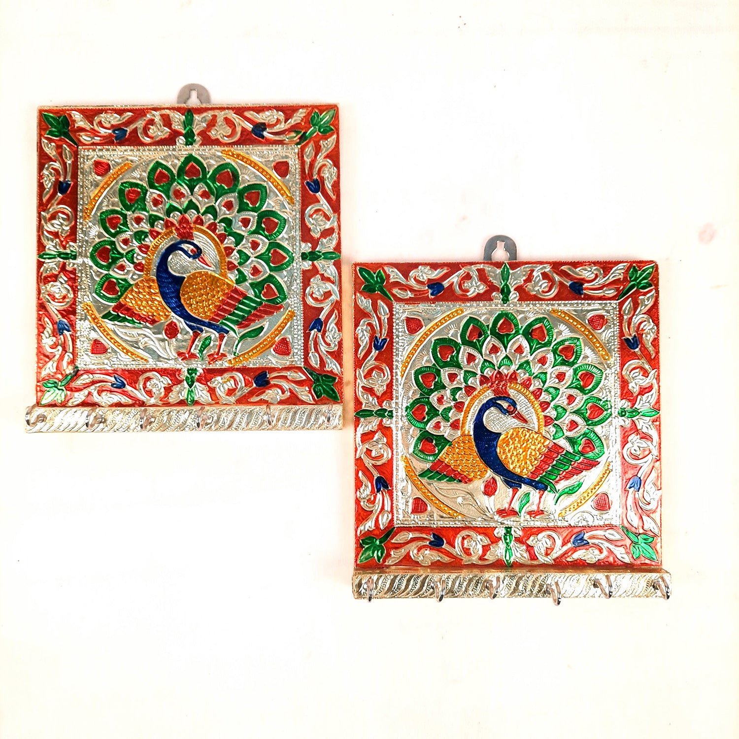 Key Holder Stands | Keys Hook Hangers - Minakari Peacock Design | Keys Organizer - For Home, Entrance, Office Decor & Gifts - 8 Inch (6 Hooks) - Apkamart #Style_Pack of 2