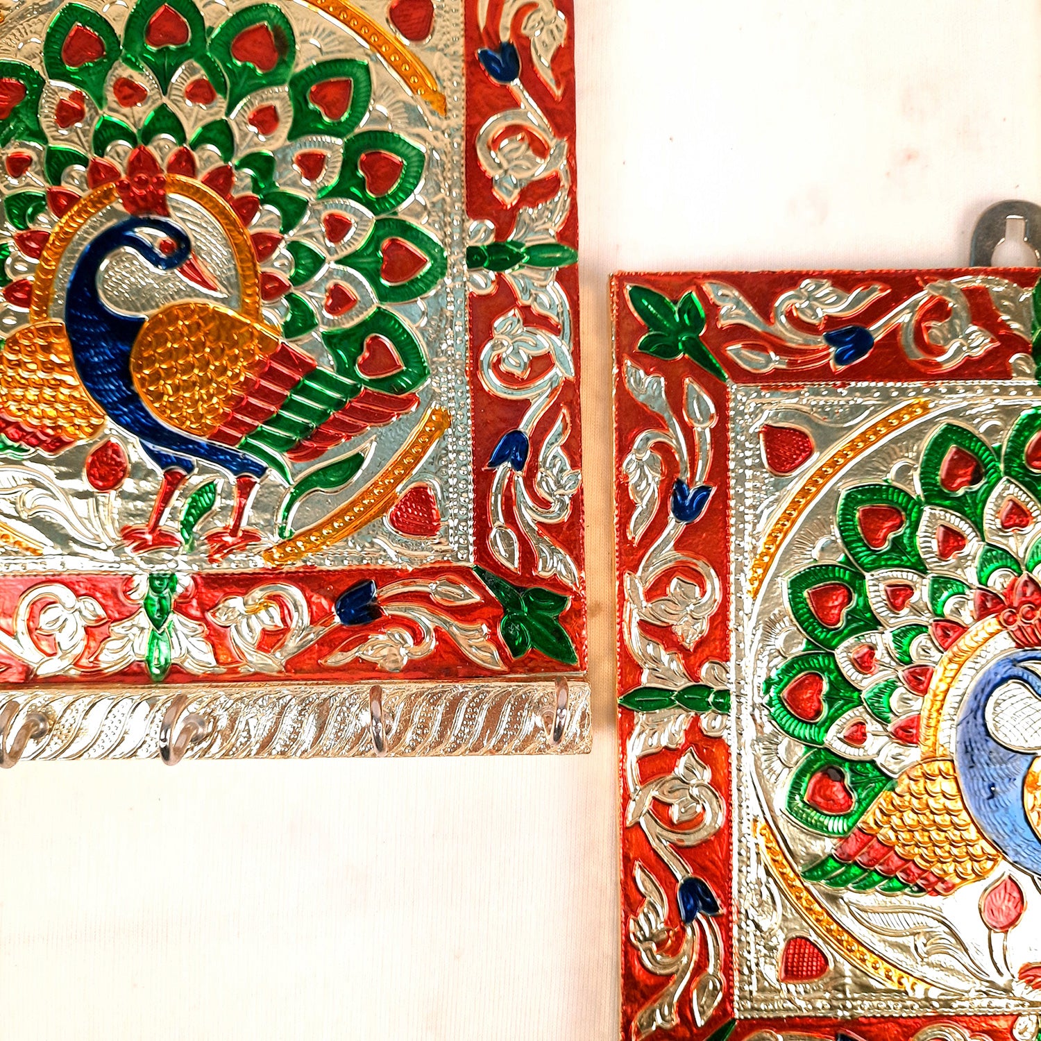 Key Holder Stands | Keys Hook Hangers - Minakari Peacock Design | Keys Organizer - For Home, Entrance, Office Decor & Gifts - 8 Inch (6 Hooks) - Apkamart #Style_Pack of 2