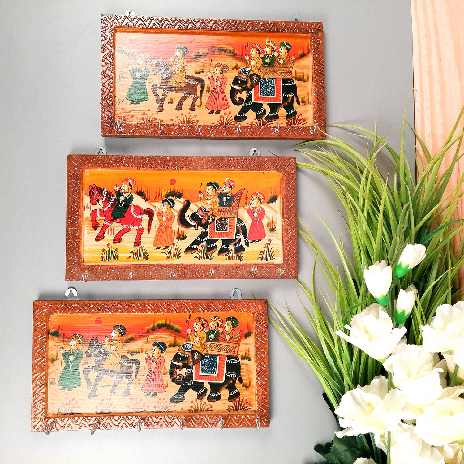 Key Holder Stands | Wooden Keys Hook Hangers | Keys Organizer - For Home, Entrance, Office Decor & Gifts - 12 Inch (6 Hooks) - Apkamart #Style_Pack of 3