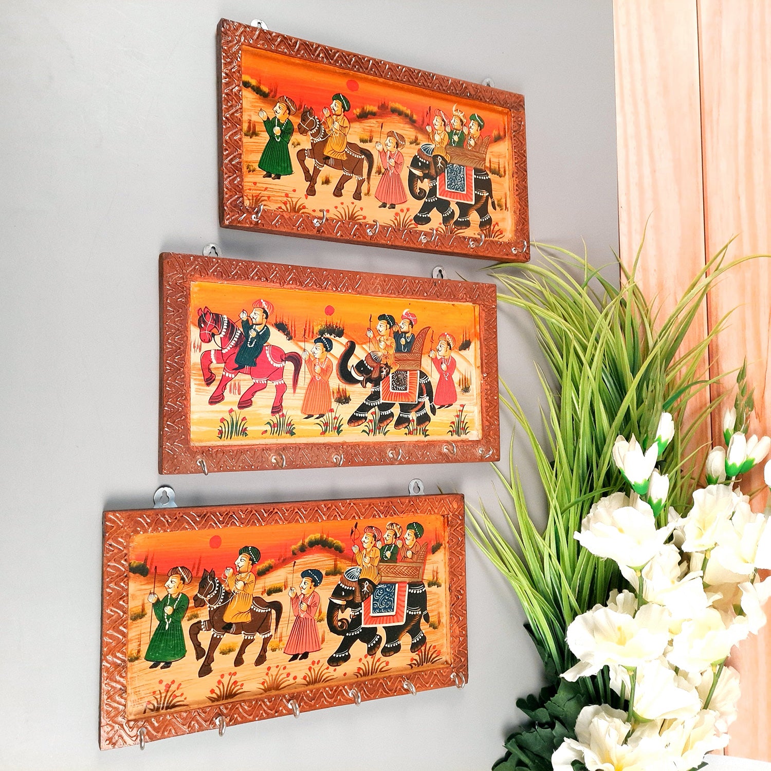 Key Holder Stands | Wooden Keys Hook Hangers | Keys Organizer - For Home, Entrance, Office Decor & Gifts - 12 Inch (6 Hooks) - Apkamart #Style_Pack of 3