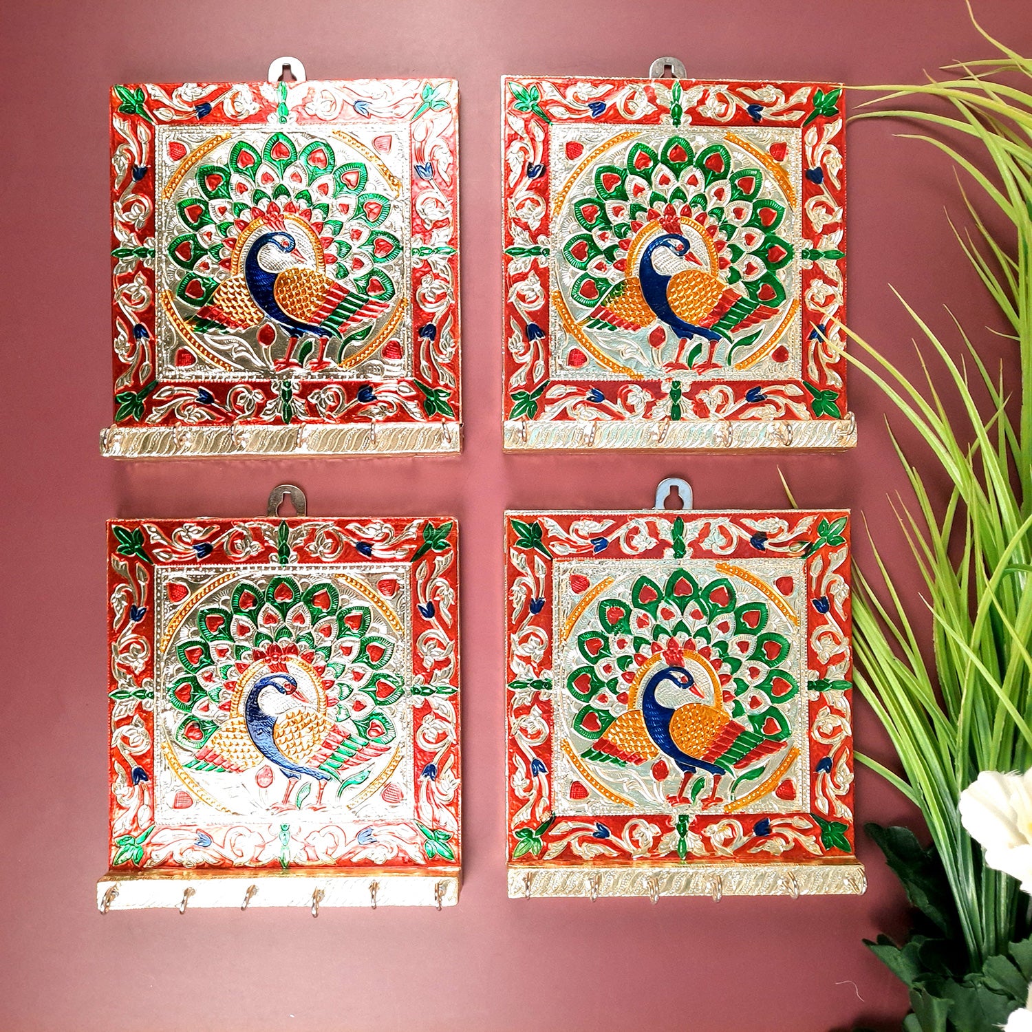 Key Holder Stands | Keys Hook Hangers - Minakari Peacock Design | Keys Organizer - For Home, Entrance, Office Decor & Gifts - 8 Inch (6 Hooks) - Apkamart #Style_Pack of 4