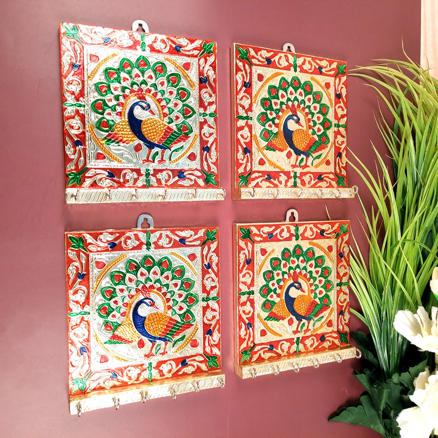 Key Holder Stands | Keys Hook Hangers - Minakari Peacock Design | Keys Organizer - For Home, Entrance, Office Decor & Gifts - 8 Inch (6 Hooks) - Apkamart #Style_Pack of 4