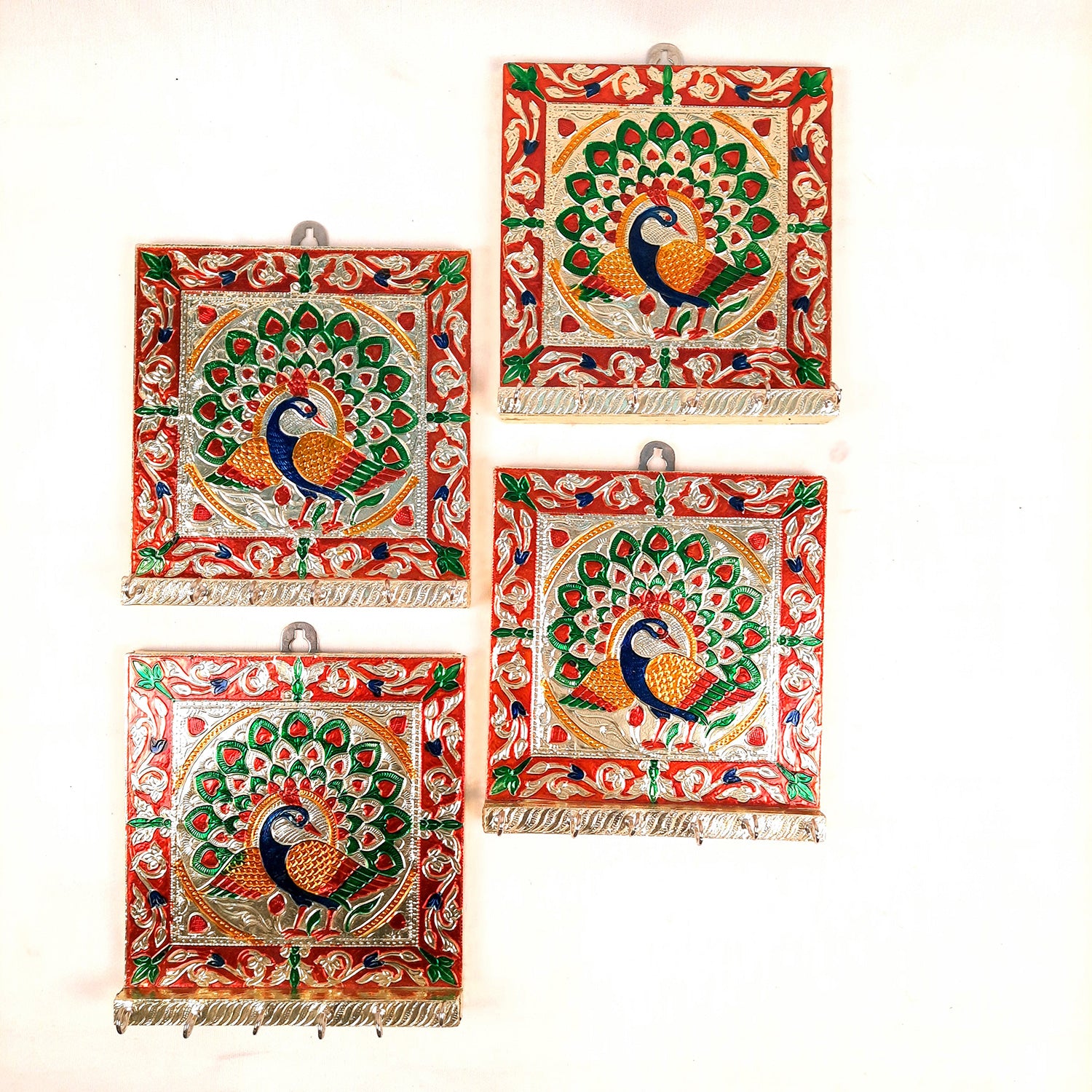 Key Holder Stands | Keys Hook Hangers - Minakari Peacock Design | Keys Organizer - For Home, Entrance, Office Decor & Gifts - 8 Inch (6 Hooks) - Apkamart #Style_Pack of 4