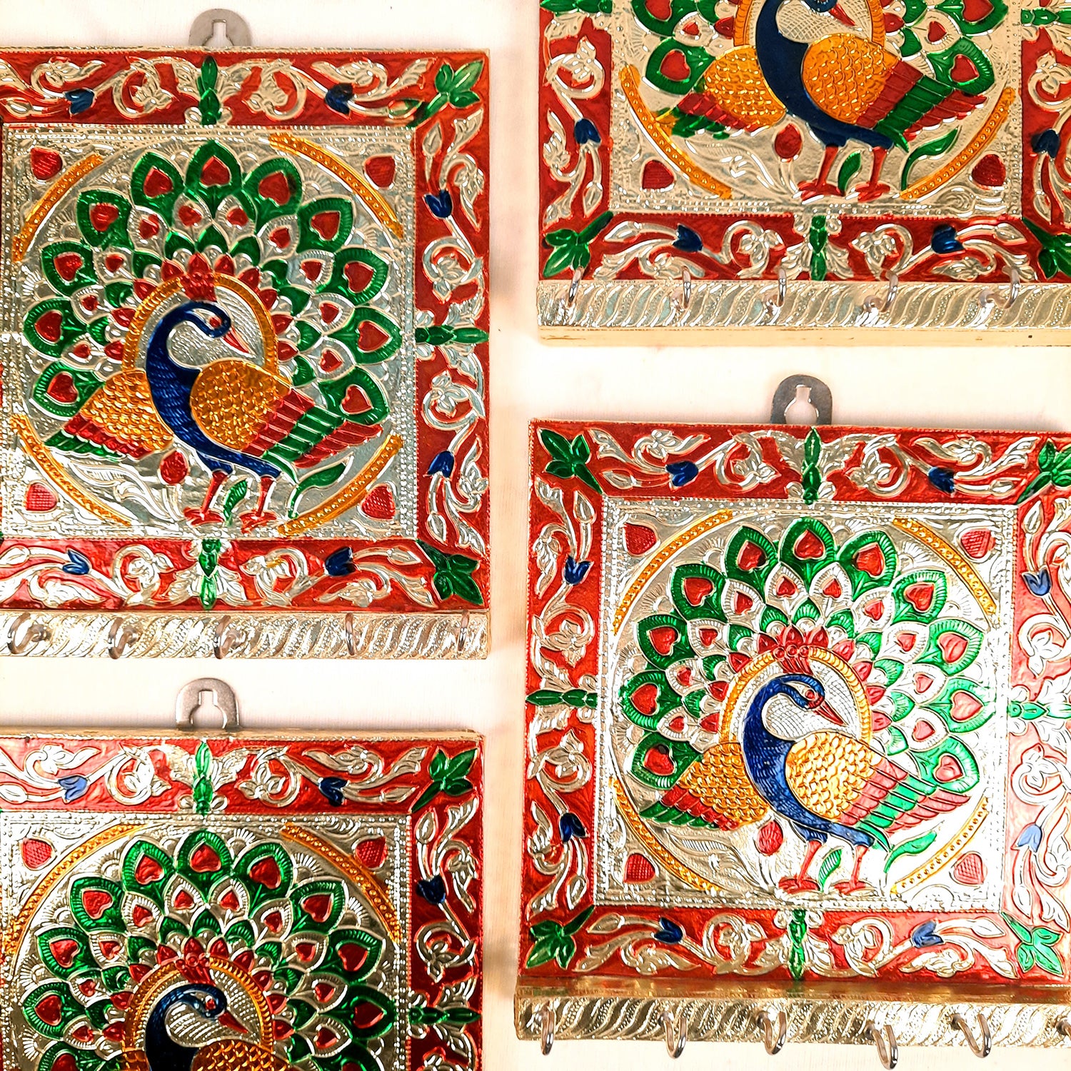 Key Holder Stands | Keys Hook Hangers - Minakari Peacock Design | Keys Organizer - For Home, Entrance, Office Decor & Gifts - 8 Inch (6 Hooks) - Apkamart #Style_Pack of 4