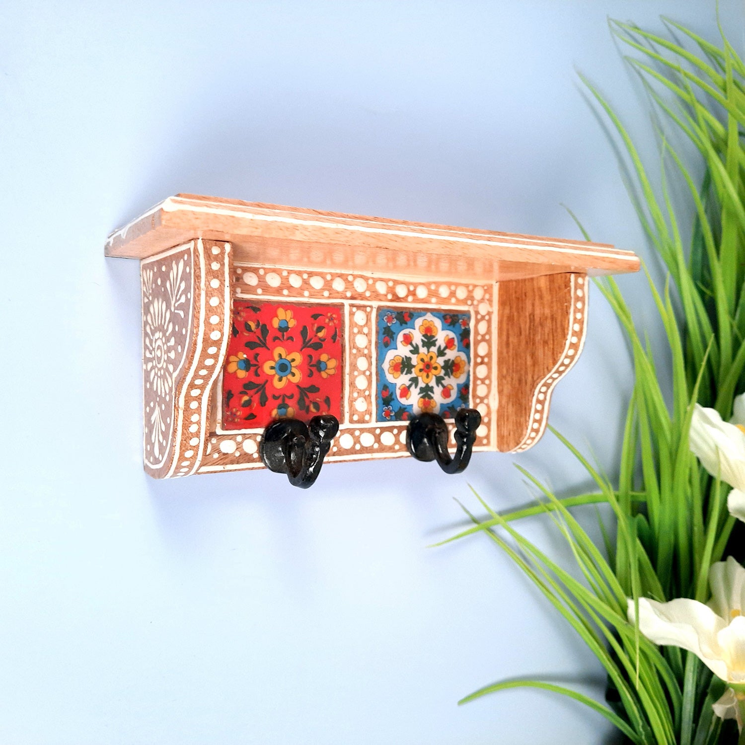 Key Hooks With Wall Shelf | Key Holder Stand With Ceramic Tile Design | Floating Shelves Cum Key Hanger Organiser - For Home, Entrance, Office Decor & Gifts - 10 Inch (3 Hooks) - Apkamart #color_light brown