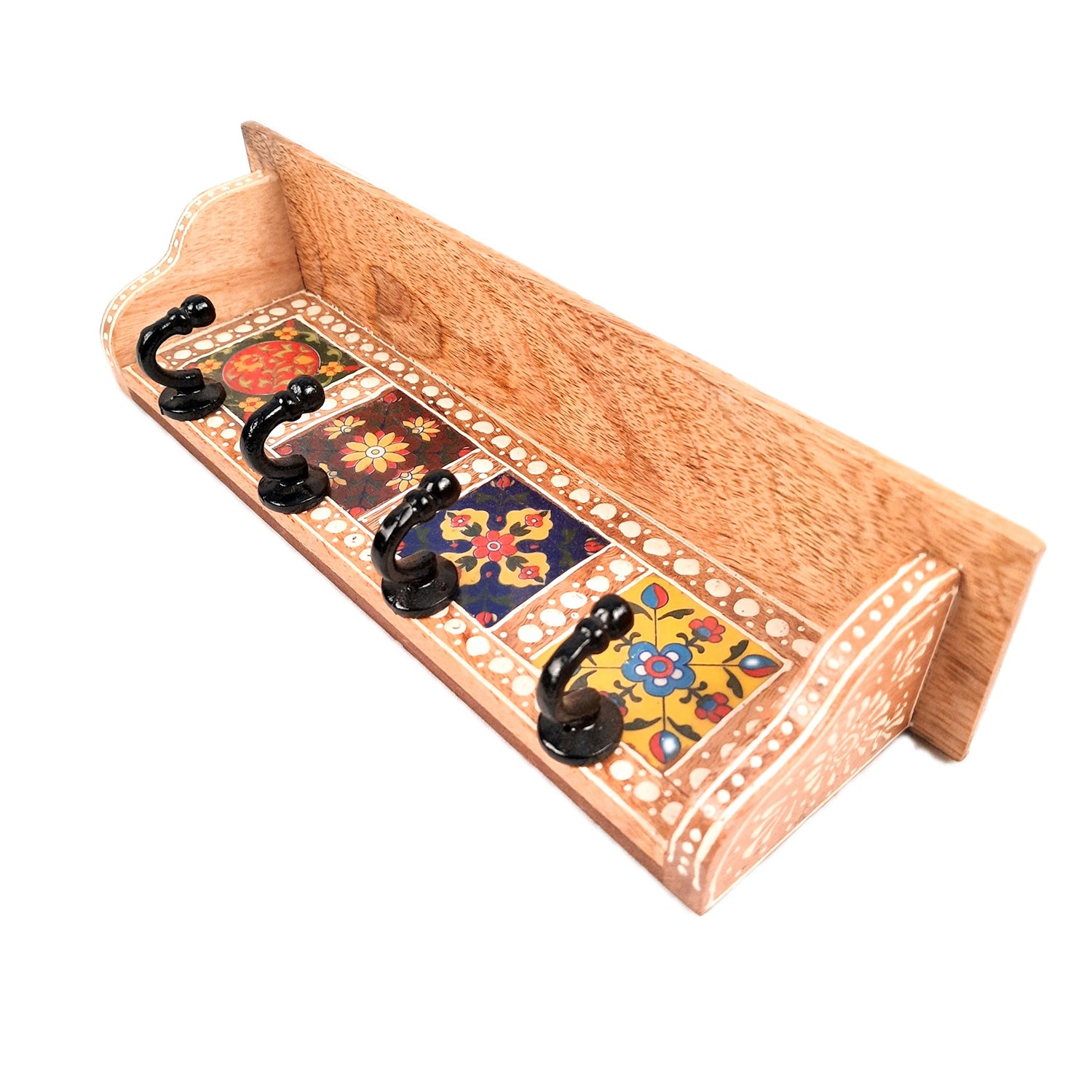 Key Hooks With Wall Shelf | Key Holder Stand With Ceramic Tile Design | Floating Shelves Cum Key Hanger Organiser - For Home, Entrance, Office Decor & Gifts - 12 Inch (4 Hooks) - Apkamart #color_light brown