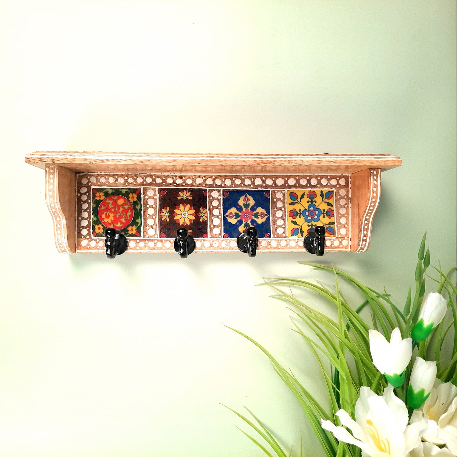 Key Hooks With Wall Shelf | Key Holder Stand With Ceramic Tile Design | Floating Shelves Cum Key Hanger Organiser - For Home, Entrance, Office Decor & Gifts - 12 Inch (4 Hooks) - Apkamart #color_light brown