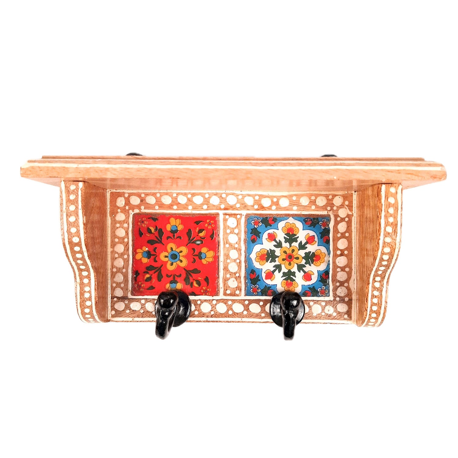 Key Hooks With Wall Shelf | Key Holder Stand With Ceramic Tile Design | Floating Shelves Cum Key Hanger Organiser - For Home, Entrance, Office Decor & Gifts - 10 Inch (3 Hooks) - Apkamart #color_light brown