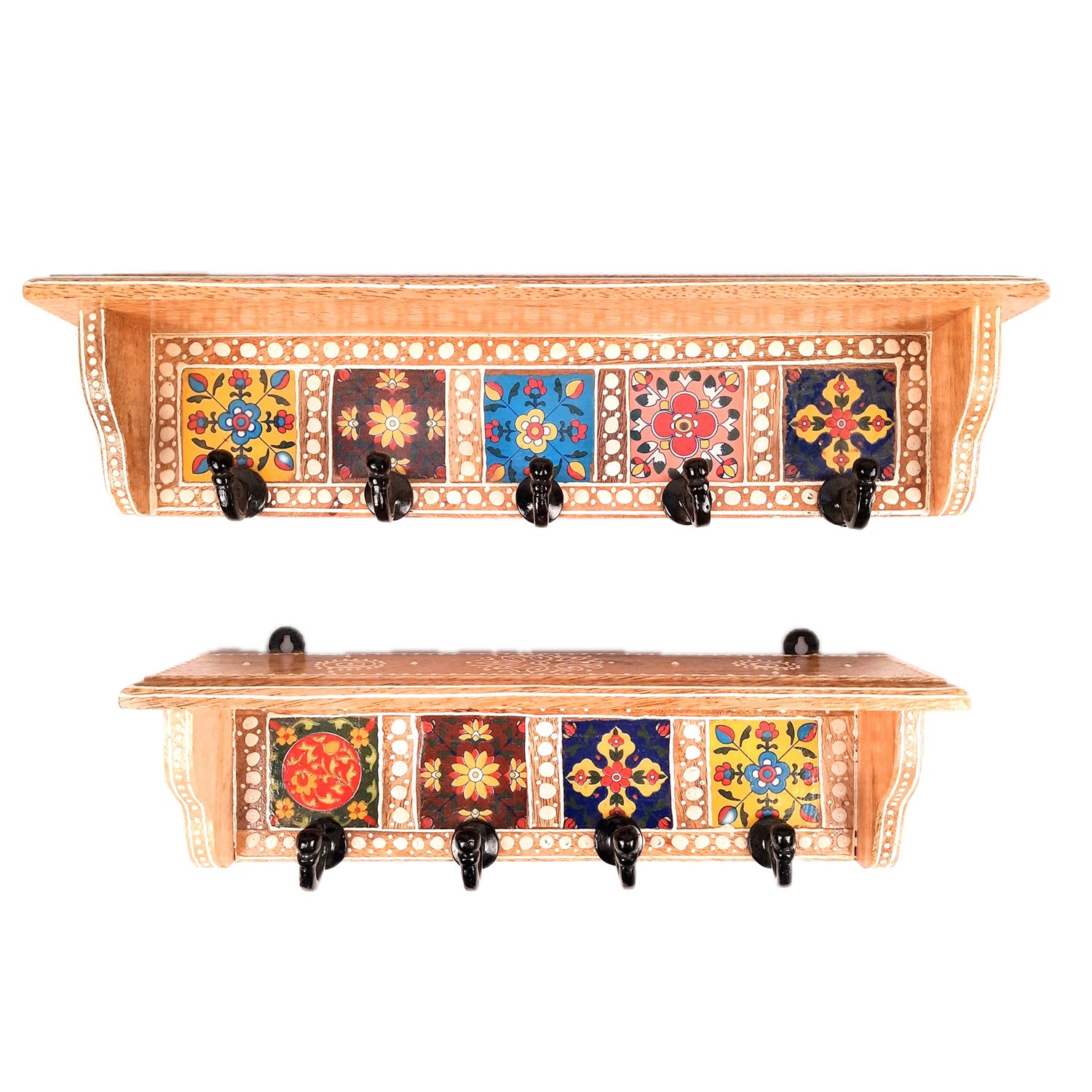 Wooden Shelf With Wall Key Hooks - Wall Mount | Floating Shelves For Decorating Showpieces, Vases, Candle Holders & Books | Key Holder Organiser - Home, Entrance, Office Decor & Gifts - Set of 2 - Apkamart #color_light brown