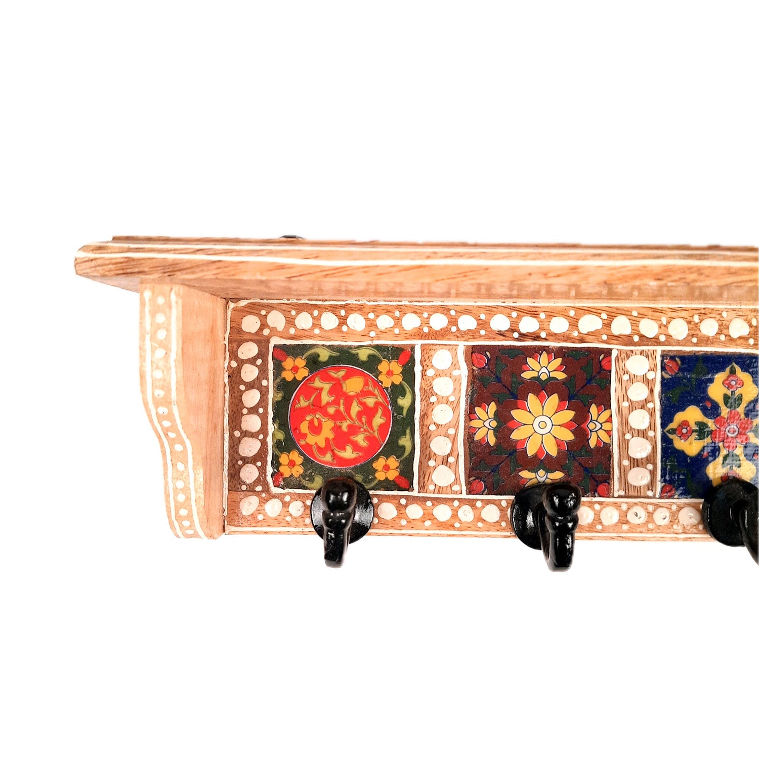 Key Hooks With Wall Shelf | Key Holder Stand With Ceramic Tile Design | Floating Shelves Cum Key Hanger Organiser - For Home, Entrance, Office Decor & Gifts - 12 Inch (4 Hooks) - Apkamart #color_light brown