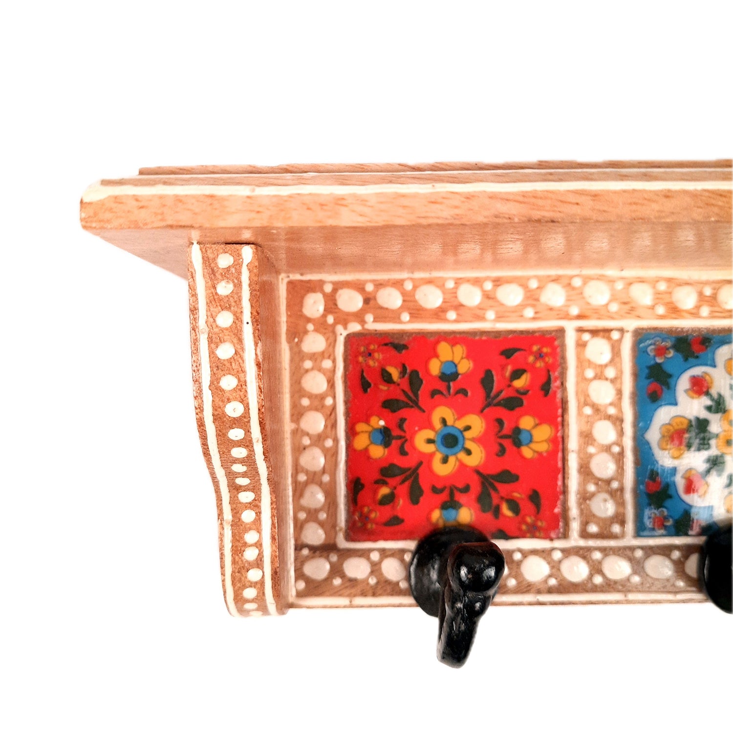 Key Hooks With Wall Shelf | Key Holder Stand With Ceramic Tile Design | Floating Shelves Cum Key Hanger Organiser - For Home, Entrance, Office Decor & Gifts - 10 Inch (3 Hooks) - Apkamart #color_light brown