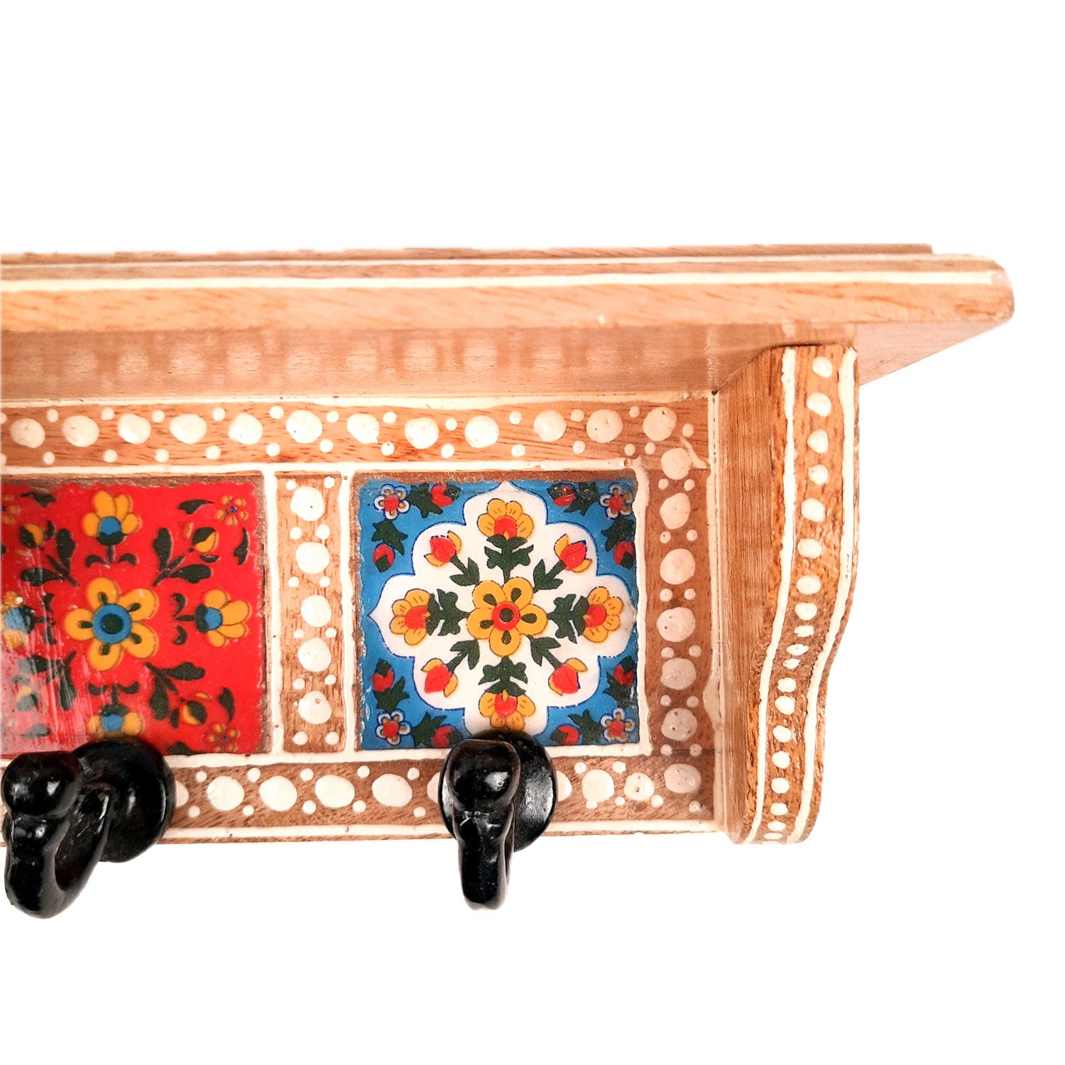 Key Hooks With Wall Shelf | Key Holder Stand With Ceramic Tile Design | Floating Shelves Cum Key Hanger Organiser - For Home, Entrance, Office Decor & Gifts - 10 Inch (3 Hooks) - Apkamart #color_light brown