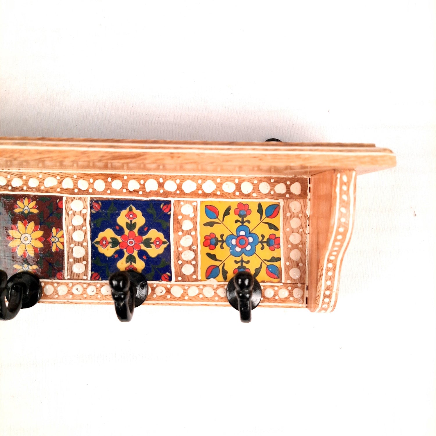 Key Hooks With Wall Shelf | Key Holder Stand With Ceramic Tile Design | Floating Shelves Cum Key Hanger Organiser - For Home, Entrance, Office Decor & Gifts - 12 Inch (4 Hooks) - Apkamart #color_light brown