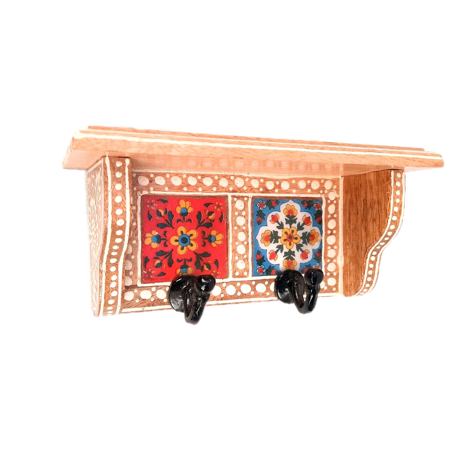 Key Hooks With Wall Shelf | Key Holder Stand With Ceramic Tile Design | Floating Shelves Cum Key Hanger Organiser - For Home, Entrance, Office Decor & Gifts - 10 Inch (3 Hooks) - Apkamart #color_light brown