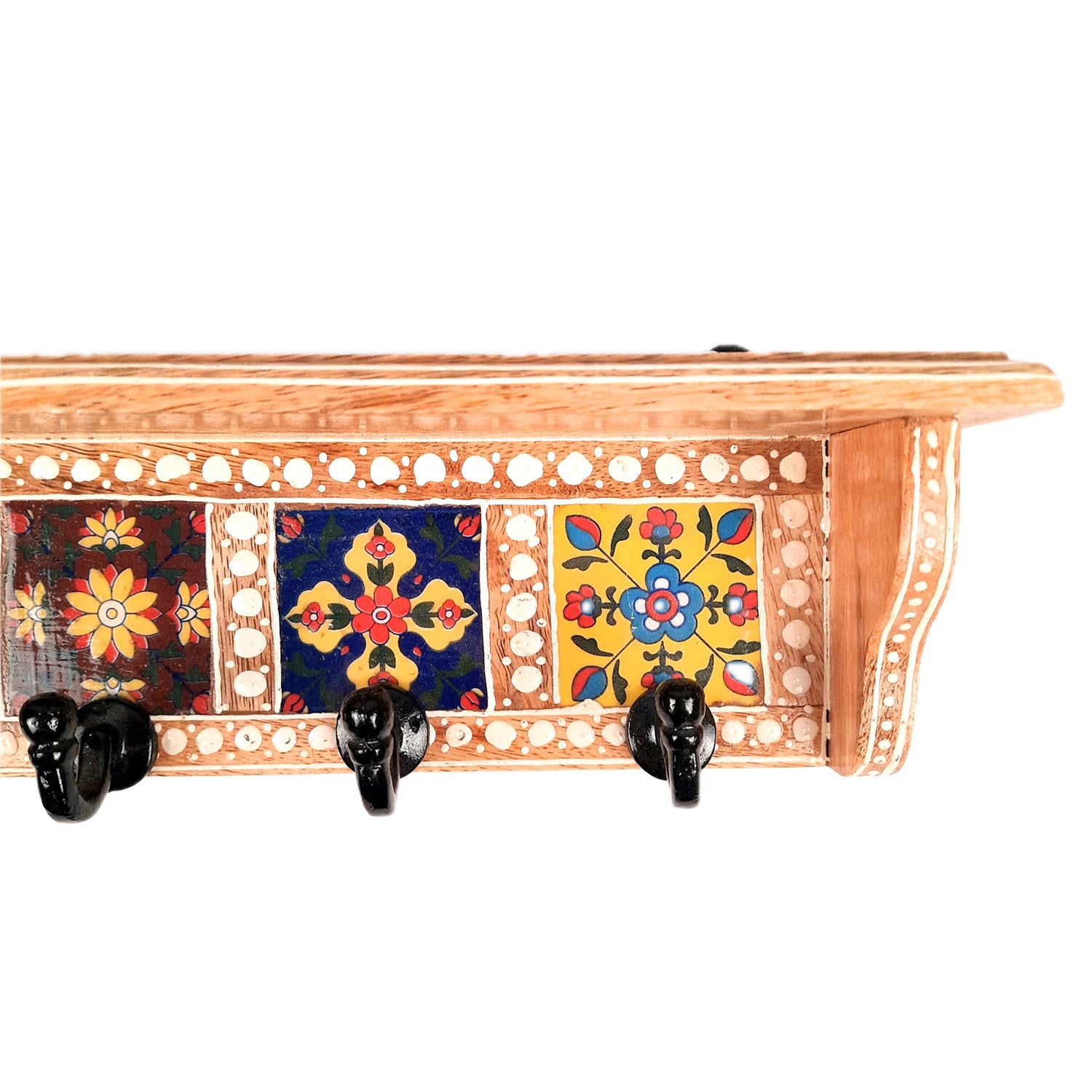 Key Hooks With Wall Shelf | Key Holder Stand With Ceramic Tile Design | Floating Shelves Cum Key Hanger Organiser - For Home, Entrance, Office Decor & Gifts - 12 Inch (4 Hooks) - Apkamart #color_light brown