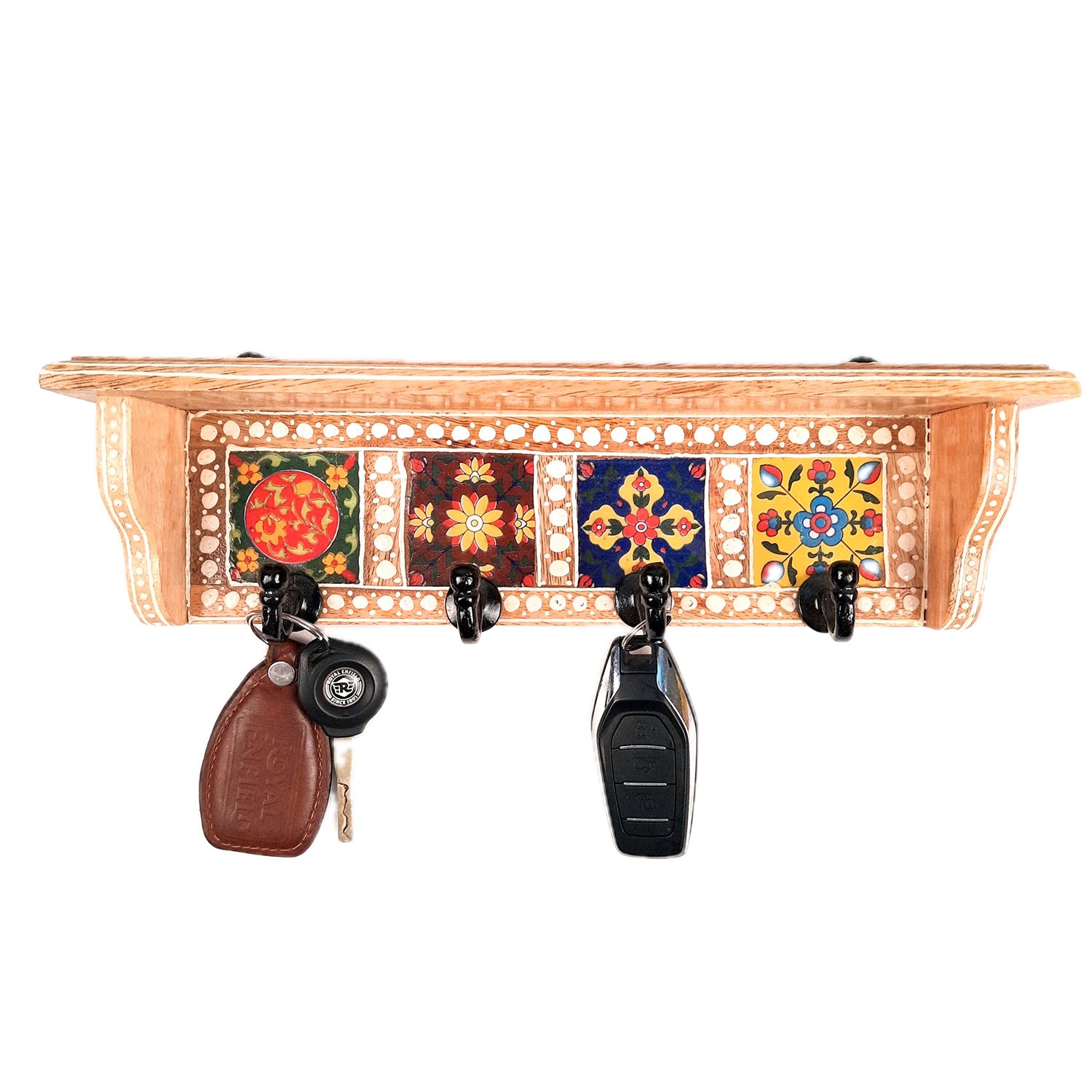 Key Hooks With Wall Shelf | Key Holder Stand With Ceramic Tile Design | Floating Shelves Cum Key Hanger Organiser - For Home, Entrance, Office Decor & Gifts - 12 Inch (4 Hooks) - Apkamart #color_light brown