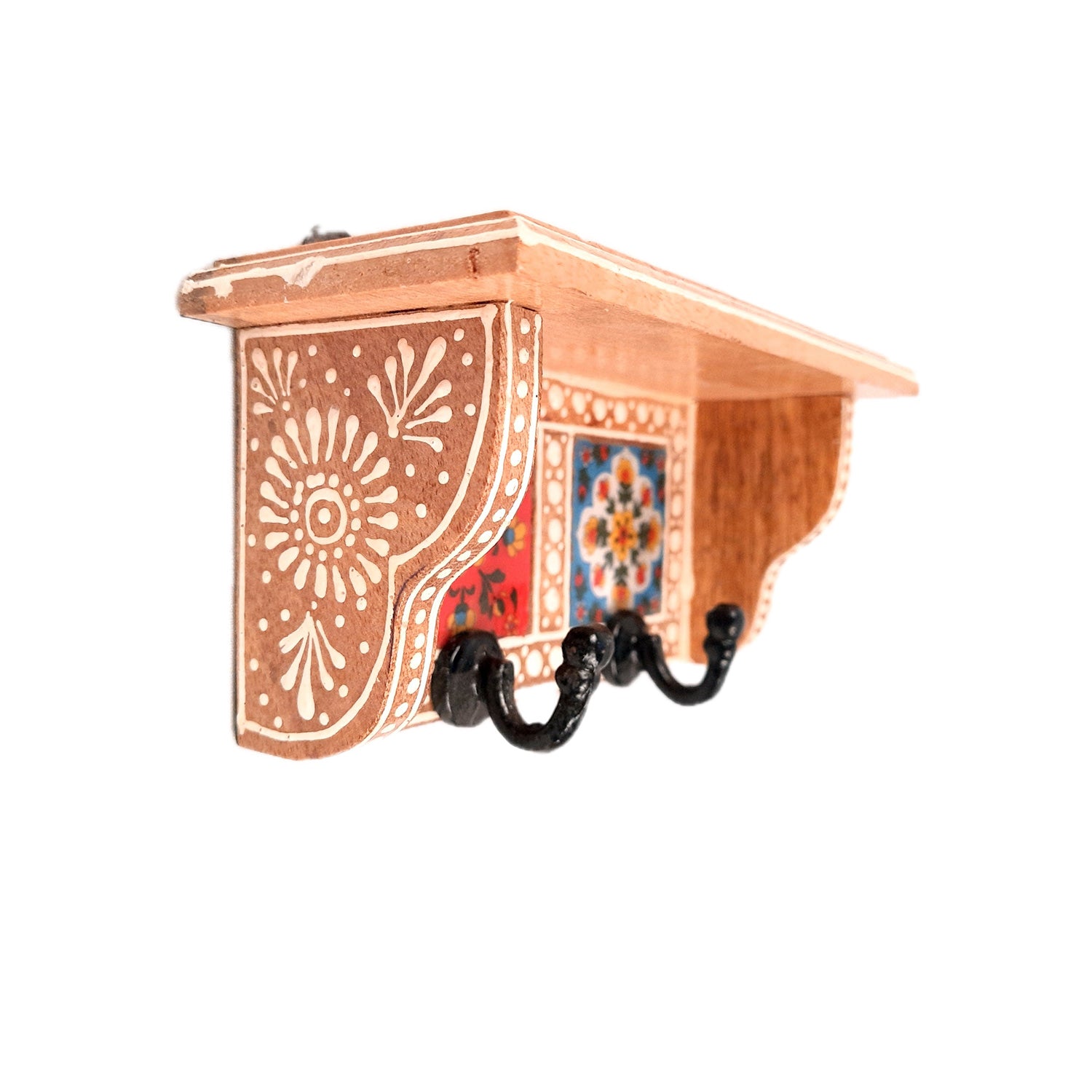 Wall Key Hooks With Wooden Shelf - Wall Mount | Floating Shelves For Decorating Showpieces, Vases, Candle Holders & Books | Key Holder Organiser - Home, Entrance, Office Decor & Gifts - Set of 2 - Apkamart #color_light brown