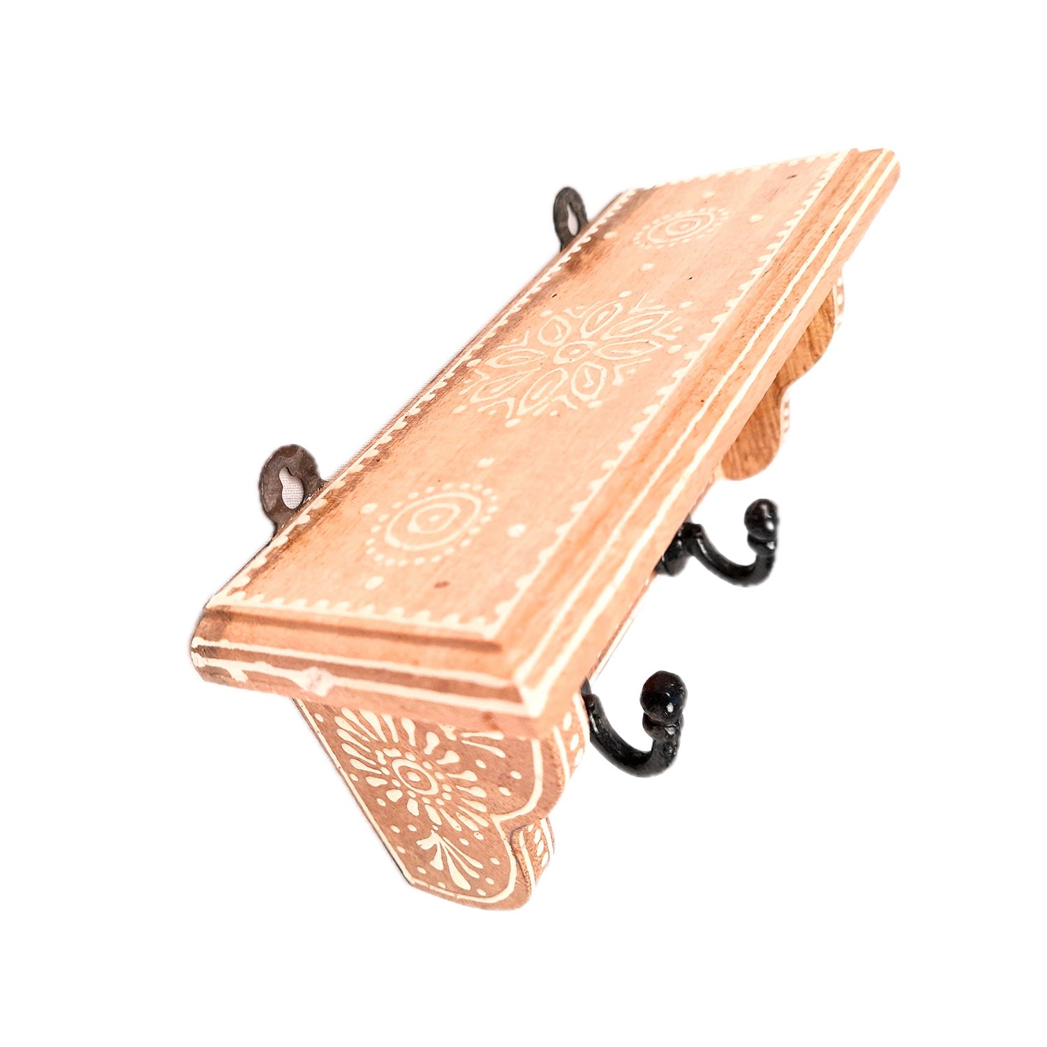 Key Hooks With Wall Shelf | Key Holder Stand With Ceramic Tile Design | Floating Shelves Cum Key Hanger Organiser - For Home, Entrance, Office Decor & Gifts - 10 Inch (3 Hooks) - Apkamart #color_light brown