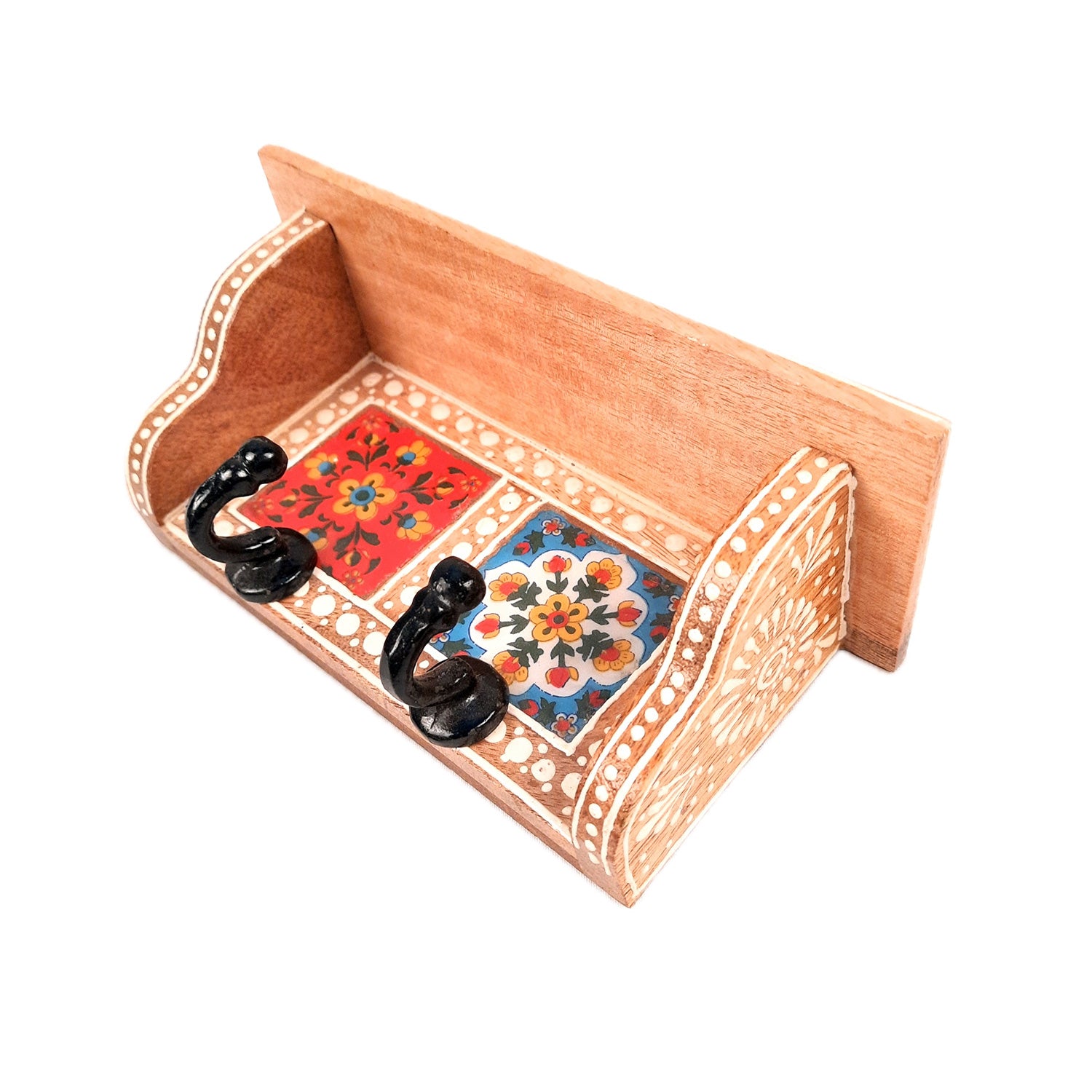 Key Hooks With Wall Shelf | Key Holder Stand With Ceramic Tile Design | Floating Shelves Cum Key Hanger Organiser - For Home, Entrance, Office Decor & Gifts - 10 Inch (3 Hooks) - Apkamart #color_light brown