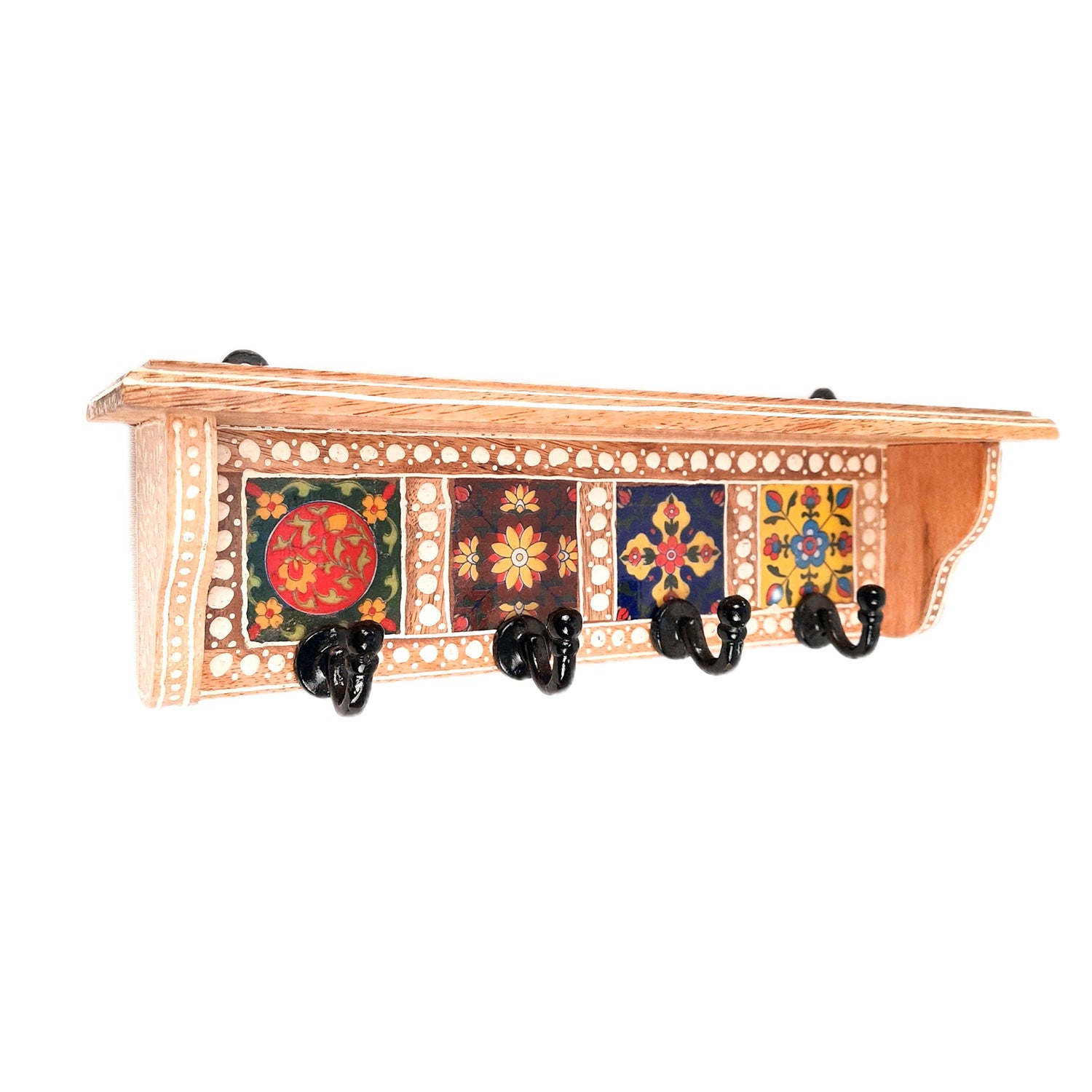 Key Hooks With Wall Shelf | Key Holder Stand With Ceramic Tile Design | Floating Shelves Cum Key Hanger Organiser - For Home, Entrance, Office Decor & Gifts - 12 Inch (4 Hooks) - Apkamart #color_light brown