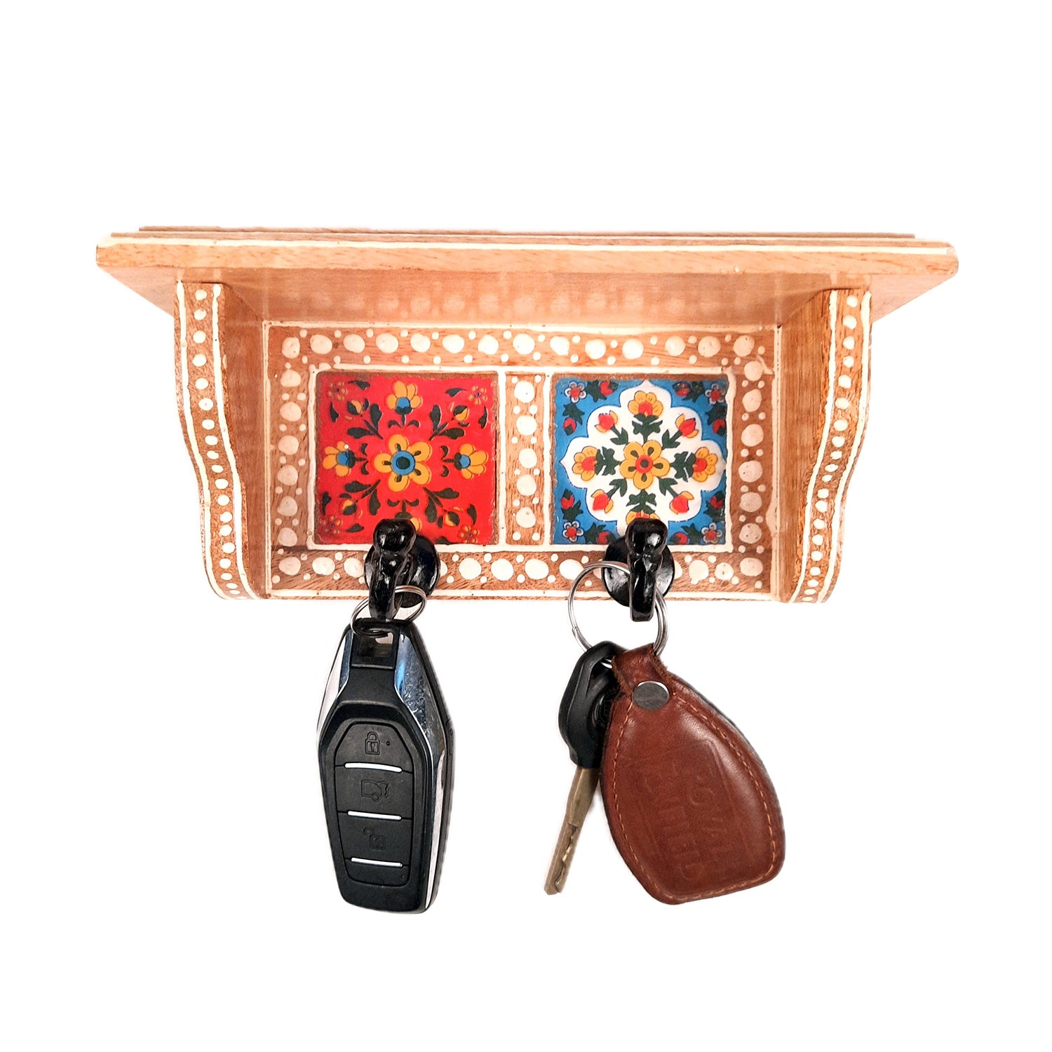 Key Hooks With Wall Shelf | Key Holder Stand With Ceramic Tile Design | Floating Shelves Cum Key Hanger Organiser - For Home, Entrance, Office Decor & Gifts - 10 Inch (3 Hooks) - Apkamart #color_light brown