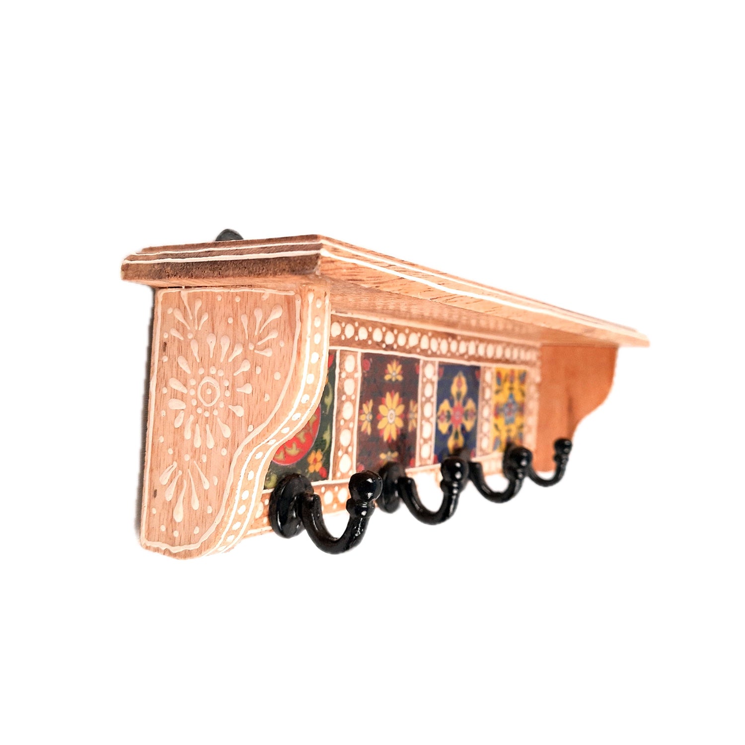 Key Hooks With Wall Shelf | Key Holder Stand With Ceramic Tile Design | Floating Shelves Cum Key Hanger Organiser - For Home, Entrance, Office Decor & Gifts - 12 Inch (4 Hooks) - Apkamart #color_light brown