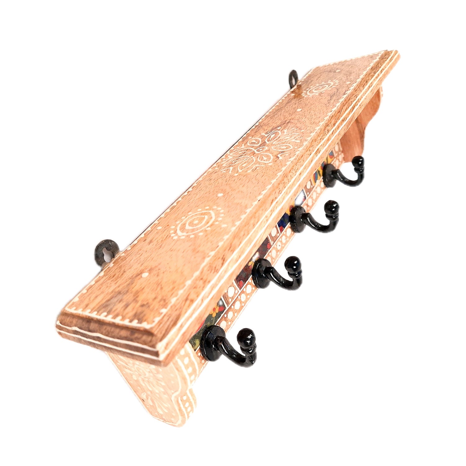 Key Hooks With Wall Shelf | Key Holder Stand With Ceramic Tile Design | Floating Shelves Cum Key Hanger Organiser - For Home, Entrance, Office Decor & Gifts - 12 Inch (4 Hooks) - Apkamart #color_light brown