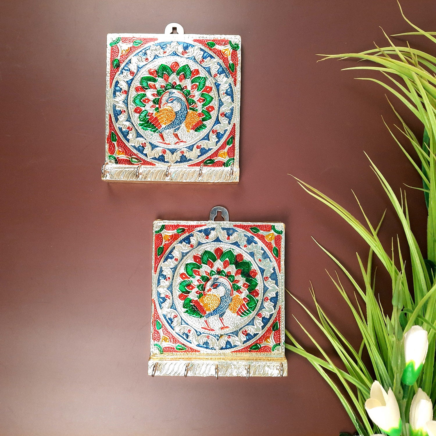 Key Holder Stands | Keys Hook Hangers - Minakari Peacock Design | Keys Organizer - For Home, Entrance, Office Decor & Gifts - 6 Inch (5 Hooks) - Apkamart #style_Pack of 2