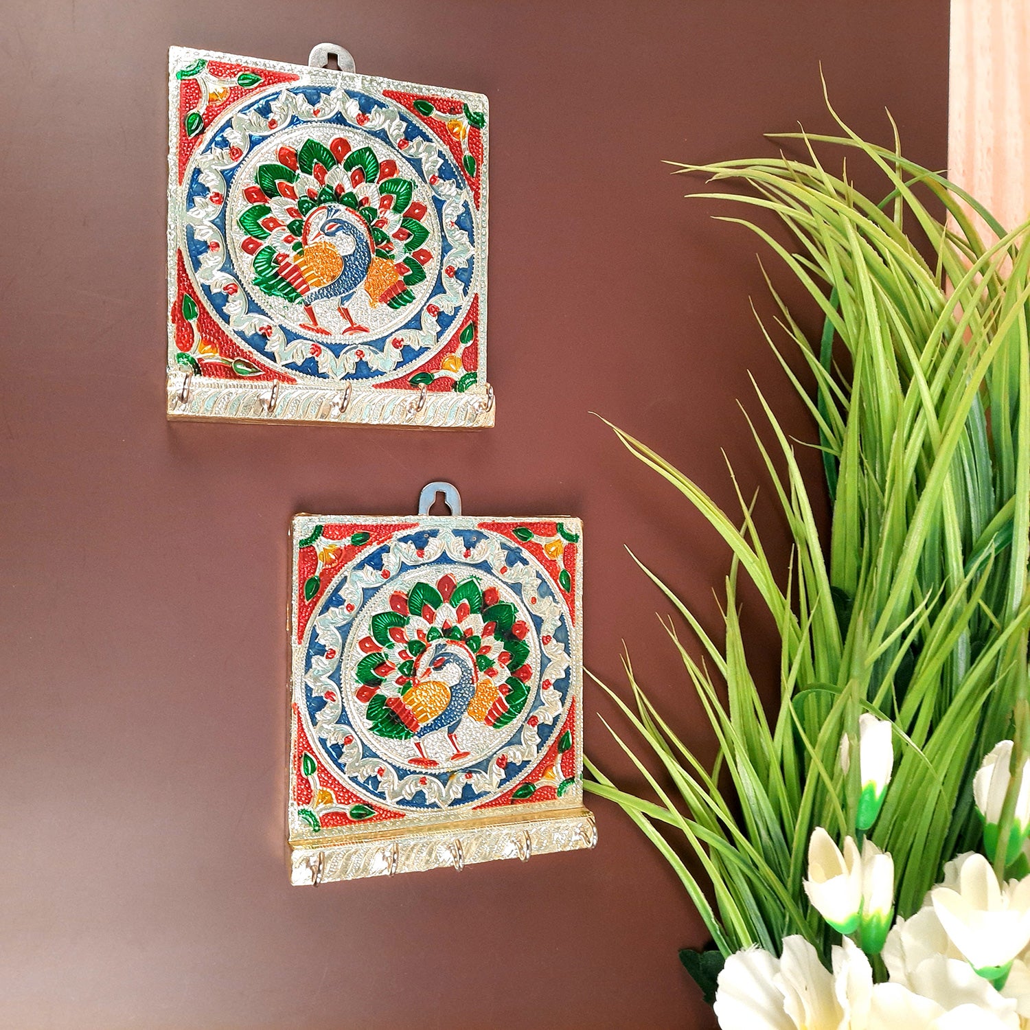 Key Holder Stands | Keys Hook Hangers - Minakari Peacock Design | Keys Organizer - For Home, Entrance, Office Decor & Gifts - 6 Inch (5 Hooks) - Apkamart #style_Pack of 2