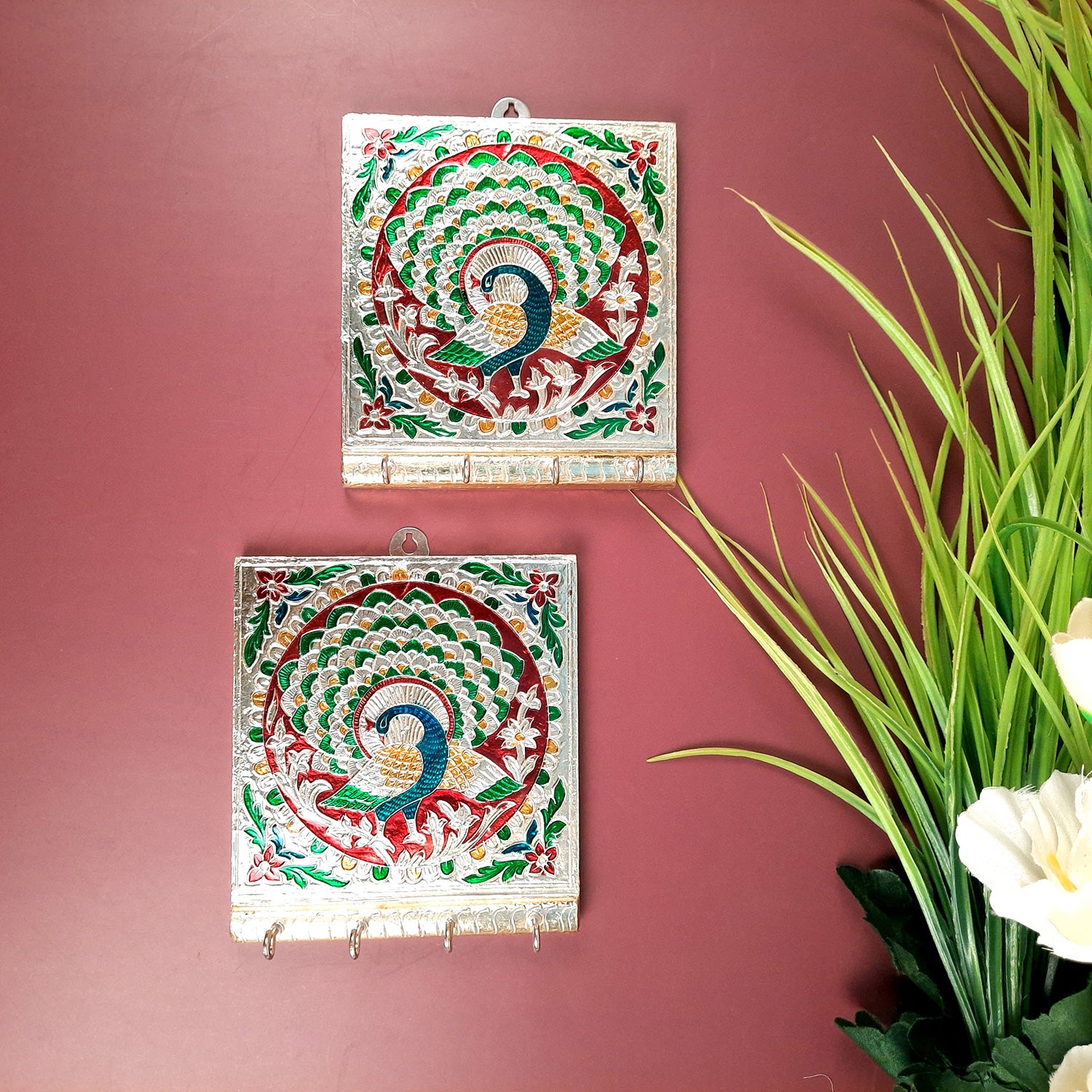 Key Holder Stands | Keys Hook Wall Hangers Minakari Design | Keys Organizer - For Home, Entrance, Office Decor & Gifts - 5 Inch (4 Hooks) - Apkamart #Style_Pack of 2