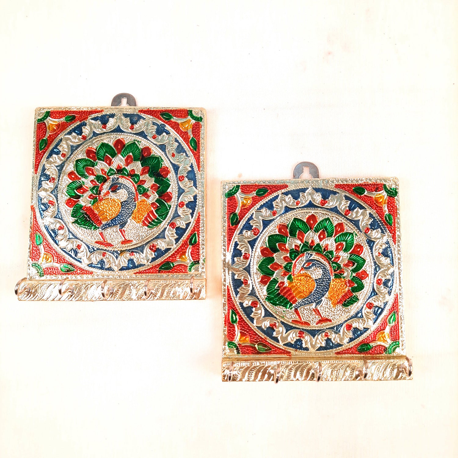 Key Holder Stands | Keys Hook Hangers - Minakari Peacock Design | Keys Organizer - For Home, Entrance, Office Decor & Gifts - 6 Inch (5 Hooks) - Apkamart #style_Pack of 2