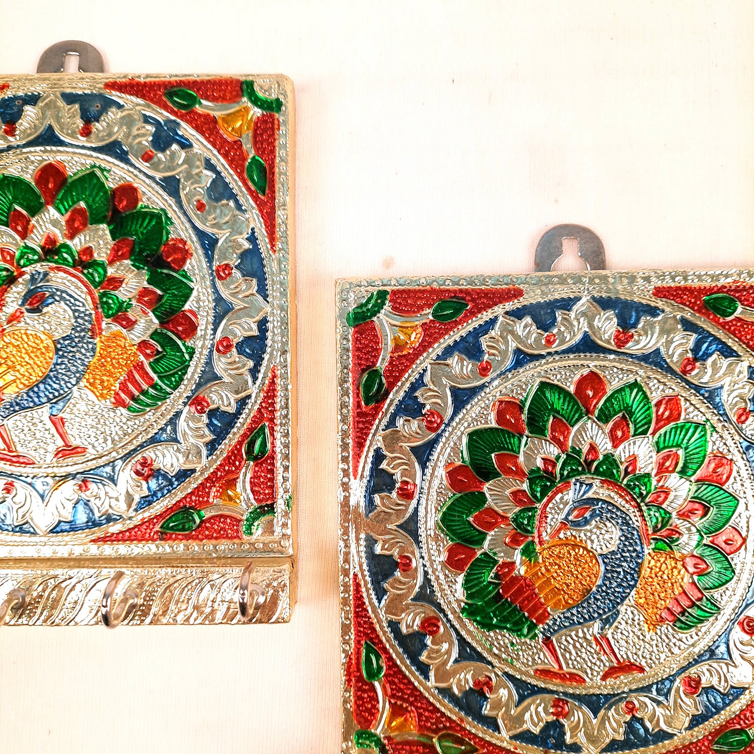 Key Holder Stands | Keys Hook Hangers - Minakari Peacock Design | Keys Organizer - For Home, Entrance, Office Decor & Gifts - 6 Inch (5 Hooks) - Apkamart #style_Pack of 2