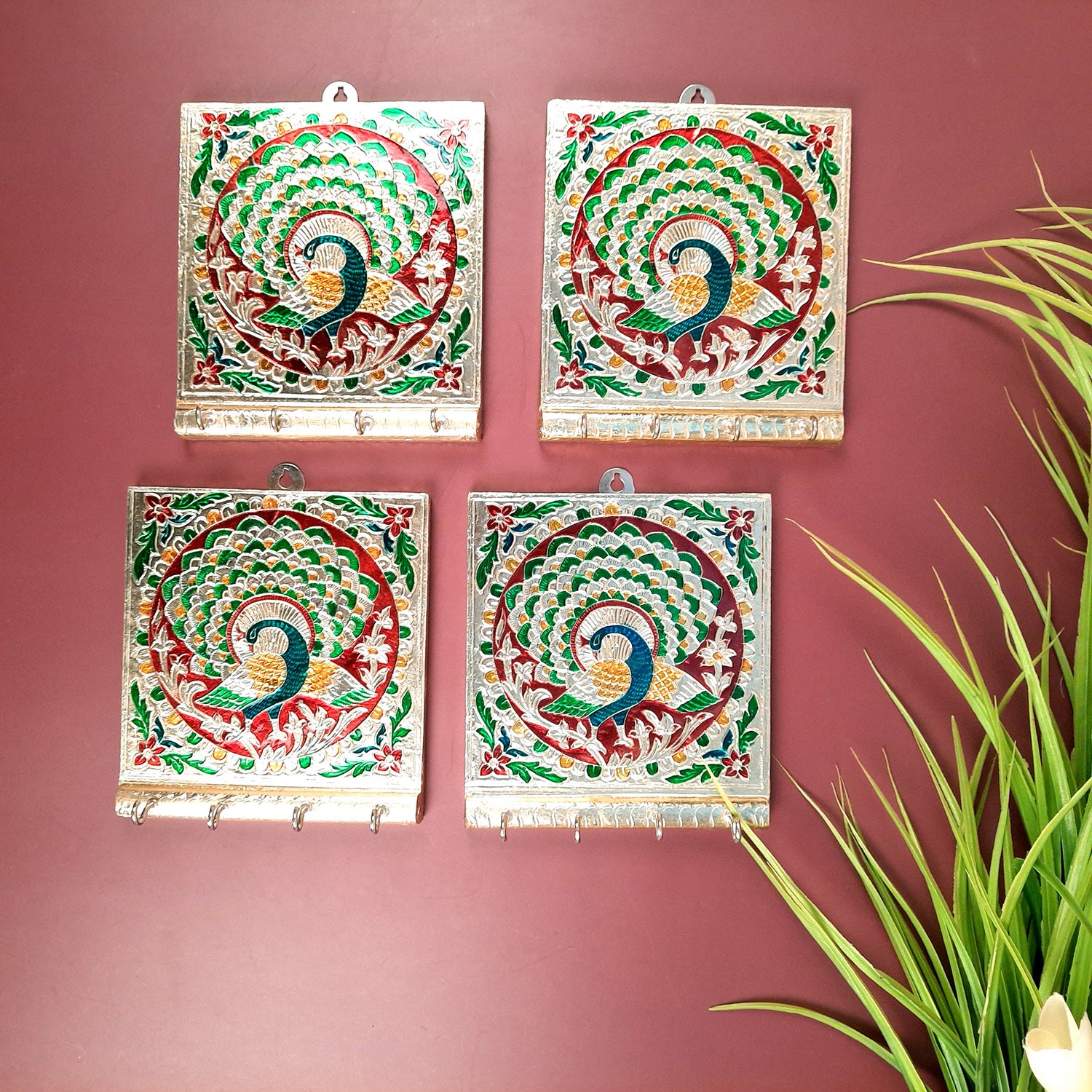 Key Holder Stands | Keys Hook Wall Hangers Minakari Design | Keys Organizer - For Home, Entrance, Office Decor & Gifts - 5 Inch (4 Hooks) - Apkamart #Style_Pack of 4