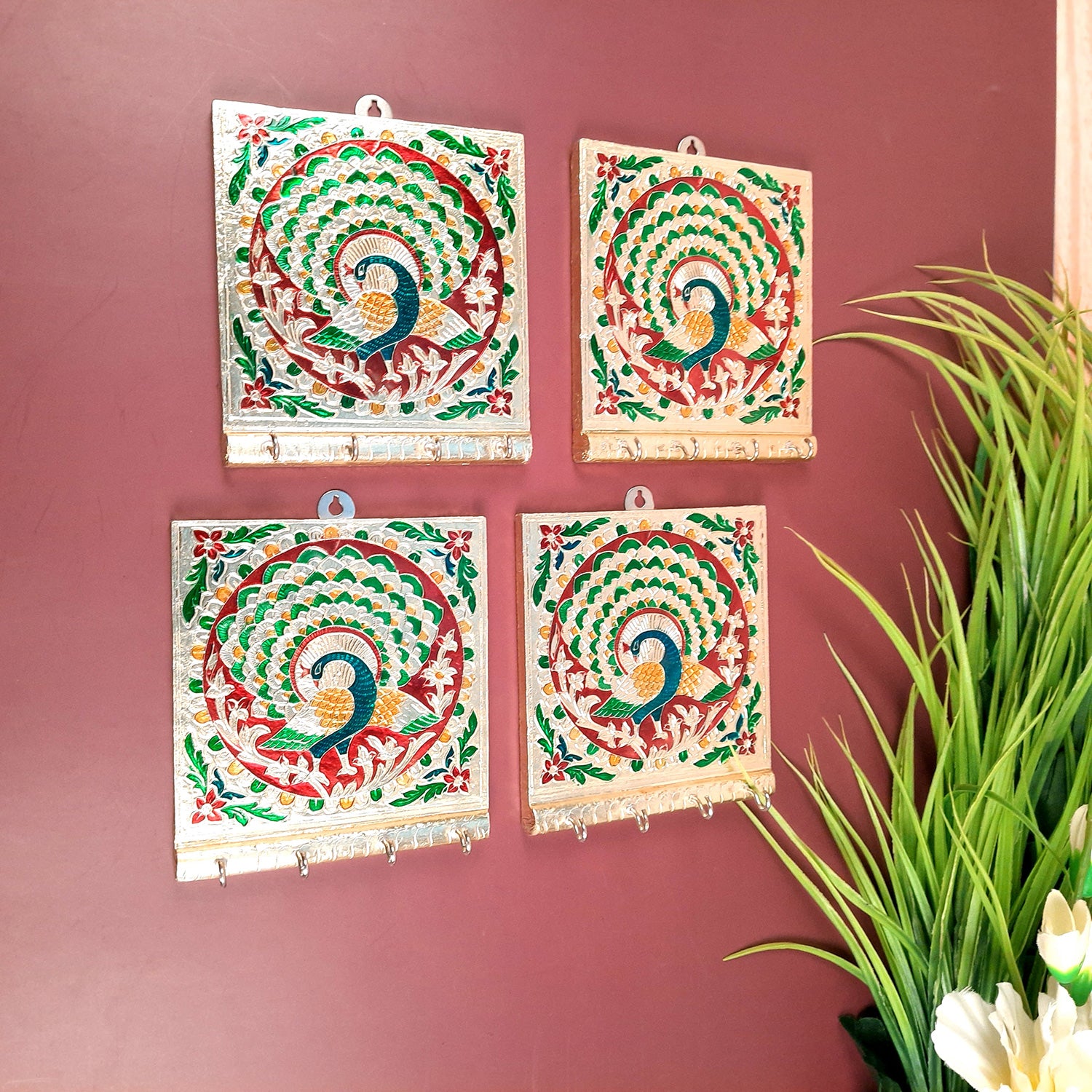 Key Holder Stands | Keys Hook Wall Hangers Minakari Design | Keys Organizer - For Home, Entrance, Office Decor & Gifts - 5 Inch (4 Hooks) - Apkamart #Style_Pack of 4