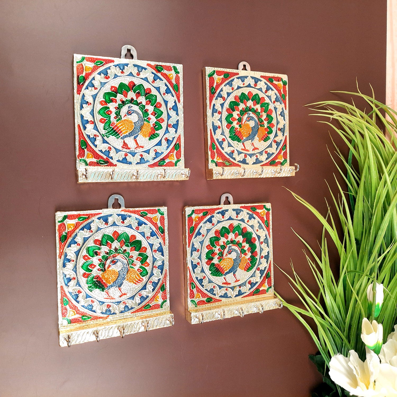 Key Holder Stands | Keys Hook Hangers - Minakari Peacock Design | Keys Organizer - For Home, Entrance, Office Decor & Gifts - 6 Inch (5 Hooks) - Apkamart #style_Pack of 4