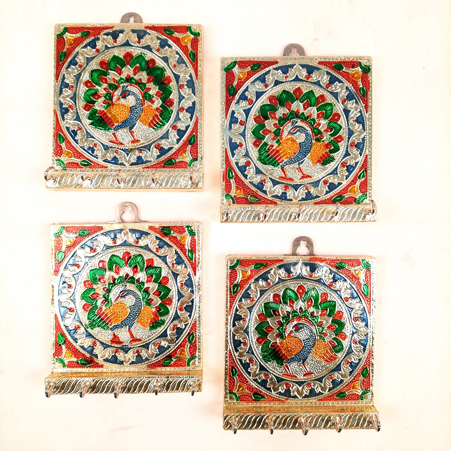 Key Holder Stands | Keys Hook Hangers - Minakari Peacock Design | Keys Organizer - For Home, Entrance, Office Decor & Gifts - 6 Inch (5 Hooks) - Apkamart #style_Pack of 4