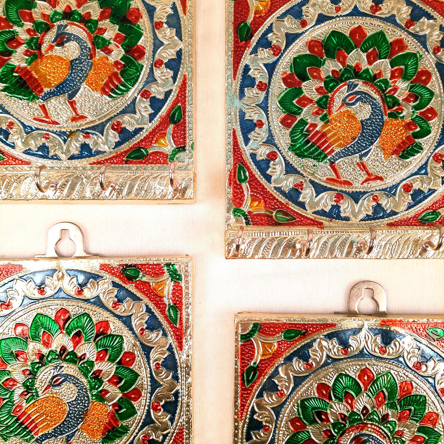 Key Holder Stands | Keys Hook Hangers - Minakari Peacock Design | Keys Organizer - For Home, Entrance, Office Decor & Gifts - 6 Inch (5 Hooks) - Apkamart #style_Pack of 4