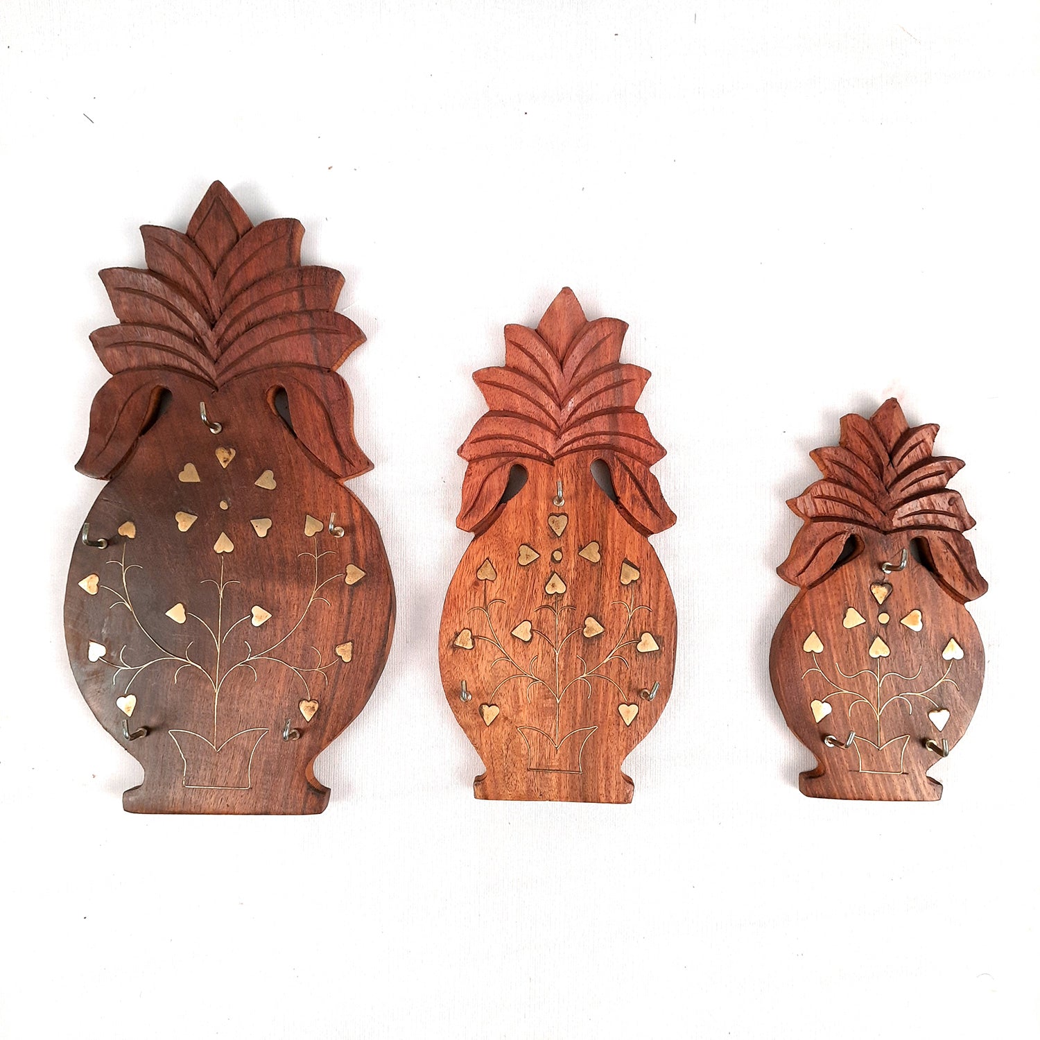 Key Holder Wall Hanging | Key Hook Stand - Pineapple Design | Wooden Keys Organizer - For Home, Entrance, Office Decor & Gifts - (Set of 3) (11 Hooks) - Apkamart