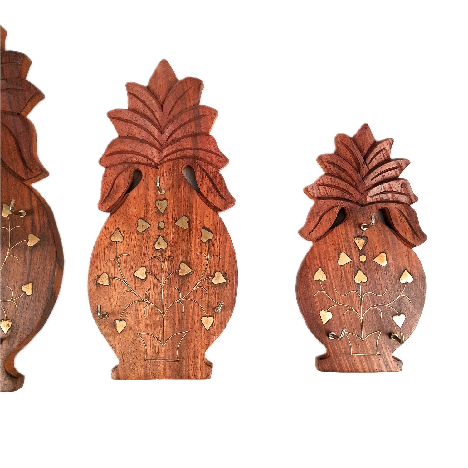 Key Holder Wall Hanging | Key Hook Stand - Pineapple Design | Wooden Keys Organizer - For Home, Entrance, Office Decor & Gifts - (Set of 3) (11 Hooks) - Apkamart