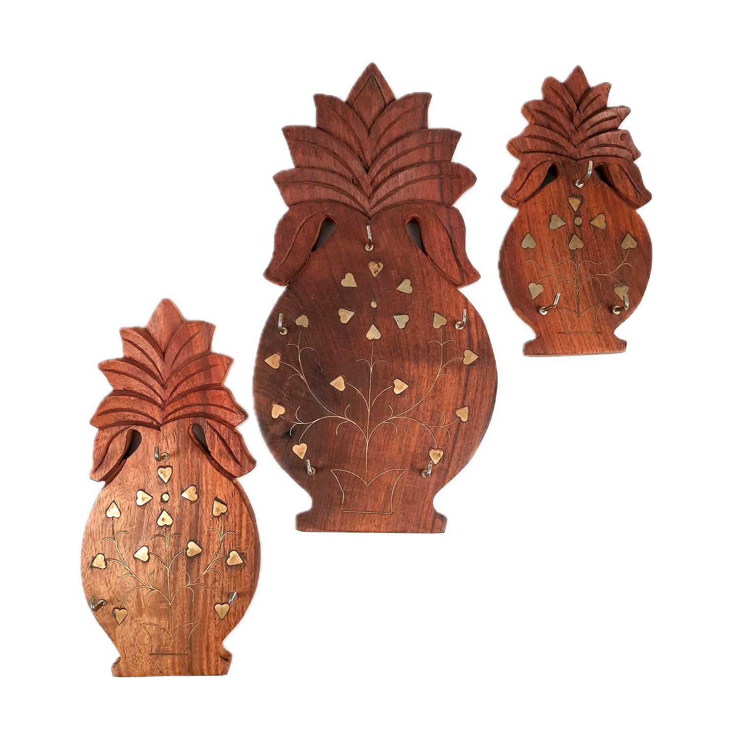 Key Holder Wall Hanging | Key Hook Stand - Pineapple Design | Wooden Keys Organizer - For Home, Entrance, Office Decor & Gifts - (Set of 3) (11 Hooks) - Apkamart