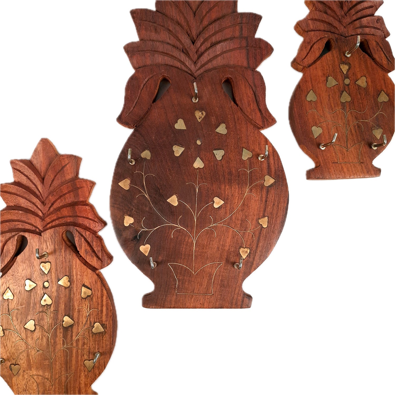 Key Holder Wall Hanging | Key Hook Stand - Pineapple Design | Wooden Keys Organizer - For Home, Entrance, Office Decor & Gifts - (Set of 3) (11 Hooks) - Apkamart